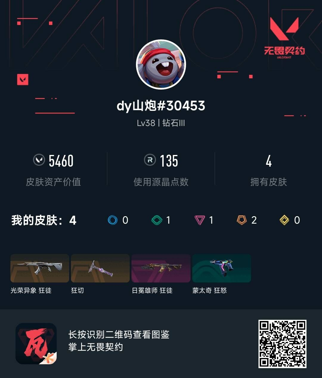 无畏契约账号QQQQ全区QQ全服，已用无畏点数:5460，已用源晶点:135，解锁英雄:11，营地ID:0，实名情况:不可二次实名，等级:Lv38 ，皮肤价值:5460，段位:钻石，【英雄】捷风，炼狱，不死鸟，贤者，