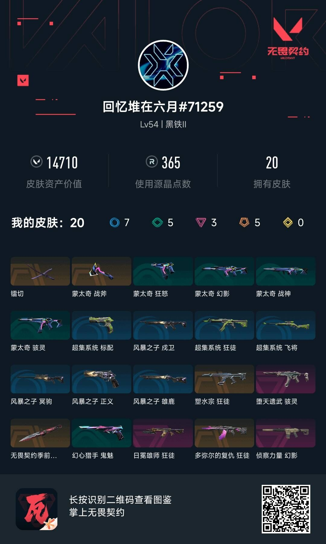 无畏契约账号QQQQ全区QQ全服，已用无畏点数:14710，已用源晶点:365，解锁英雄:16，营地ID:0，实名情况:不可二次实名，等级:Lv54 ，皮肤价值:14710，段位:黑铁，【英雄】禁灭，捷风，幽影，炼狱