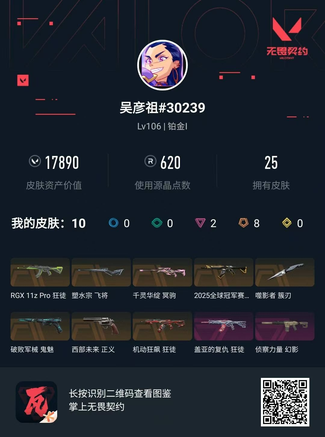 无畏契约账号QQ 等级:Lv106 | 铂金I/ 已用源晶点:620/  皮肤价值:17890/ 英雄数:28/ 
