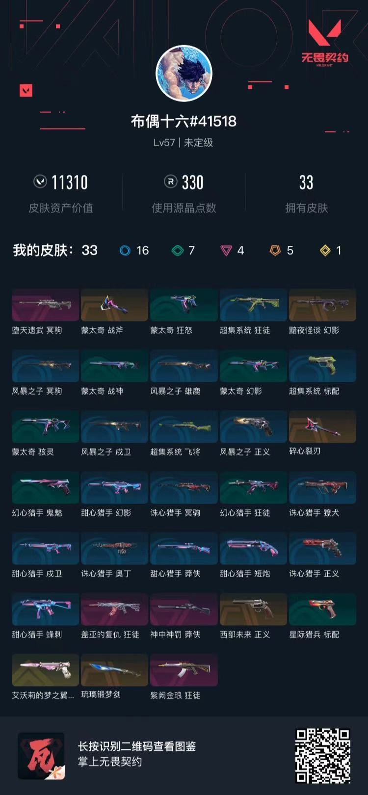 无畏契约账号QQQQ全区QQ全服，已用无畏点数:11310，已用源晶点:330，解锁英雄:15，营地ID:0，实名情况:不可二次实名，等级:Lv57 ，皮肤价值:11310，段位:青铜，【英雄】铁臂，禁灭，捷风，幽影