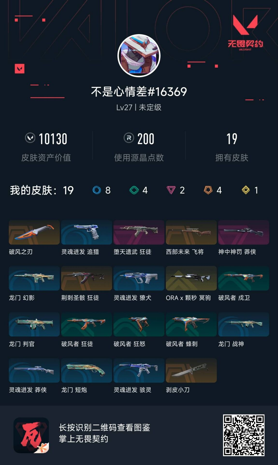无畏契约账号QQ不是心情差【近战武器】  近战武器-剥皮小刀  【步枪 狂徒】  狂徒-荆刺圣骸 狂徒-堕天遗武  【狙击枪 冥驹】  冥驹-ORAx颗秒  【狙击枪 莽侠】  莽侠-神中神罚  【狙击枪 飞将】  