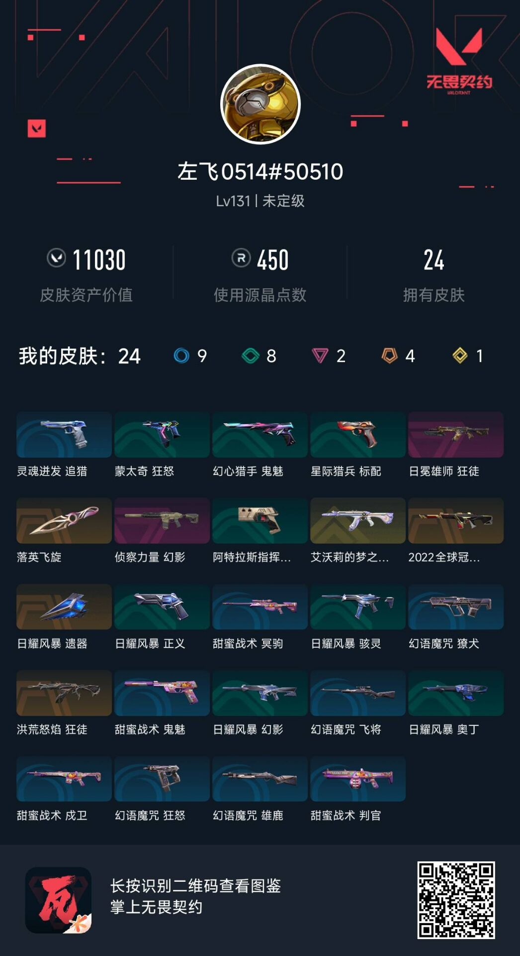 无畏契约账号QQ佐飞
 【近战武器】  近战武器-落英飞旋(炫彩) 
 【步枪 幻影】  幻影-2022全球冠军赛 幻影-侦察力量(炫彩) 
 【步枪 狂徒】  狂徒-日冕雄师(炫彩) 狂徒-艾沃莉的梦之翼(炫彩) 