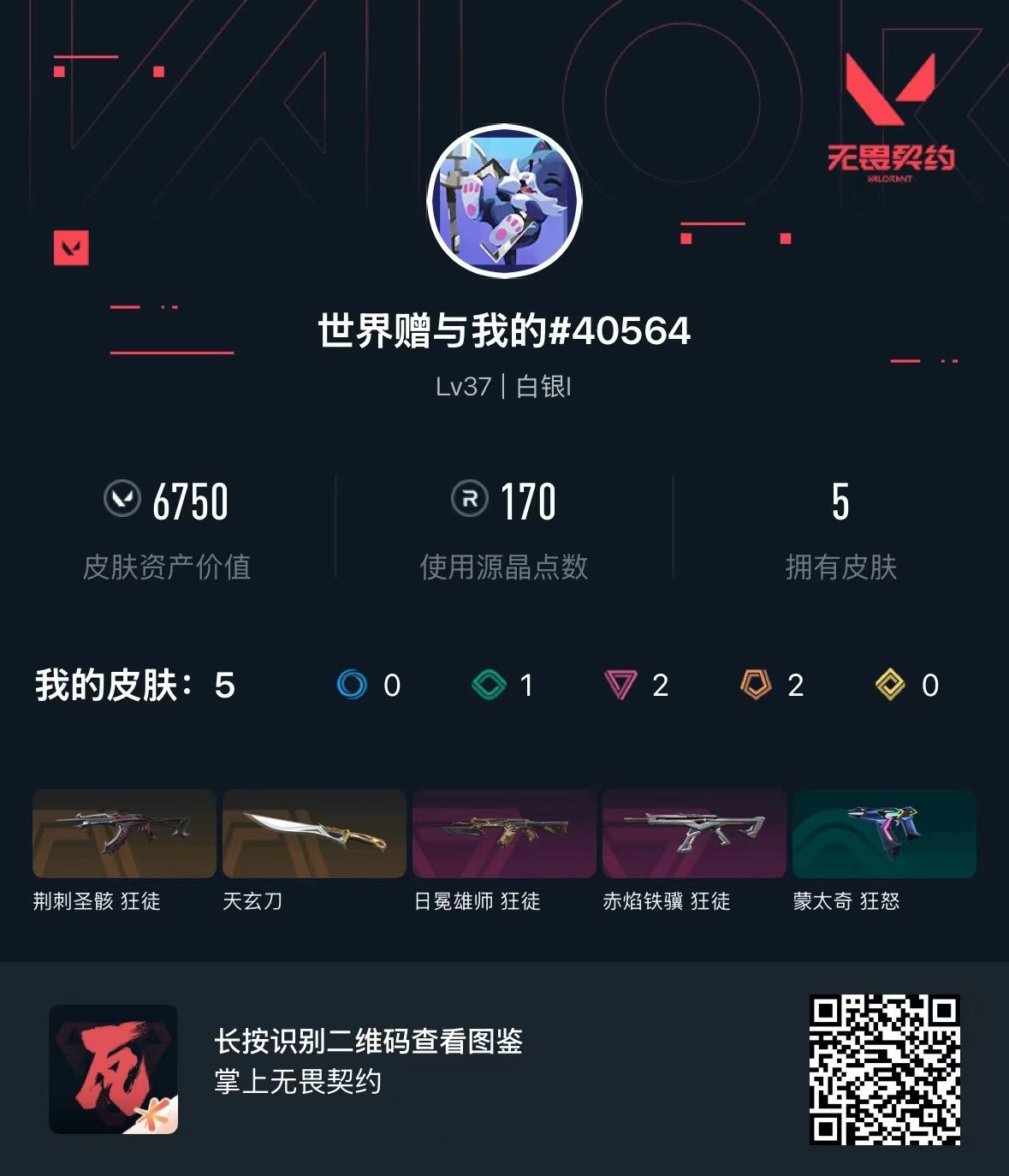 无畏契约账号QQ 等级:Lv37 | 白银I/ 已用源晶点:170/  皮肤价值:6750/ 英雄数:9/ 
 【英