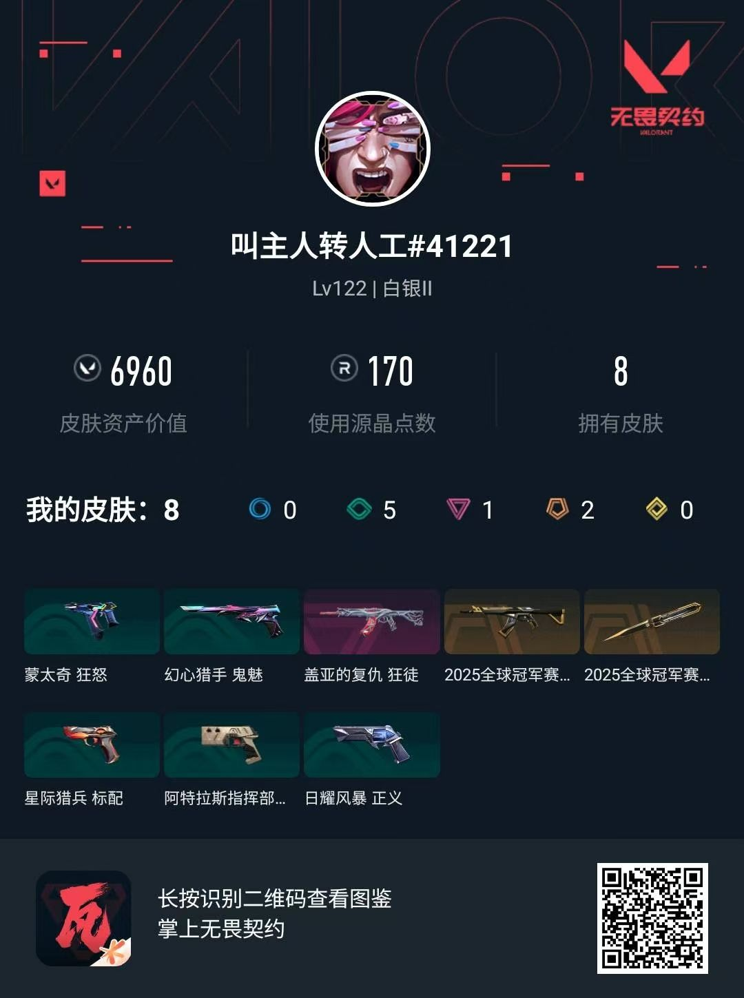 无畏契约账号QQ 等级:Lv122 | 白银II/ 已用源晶点:170/  皮肤价值:6960/ 英雄数:22/ 
