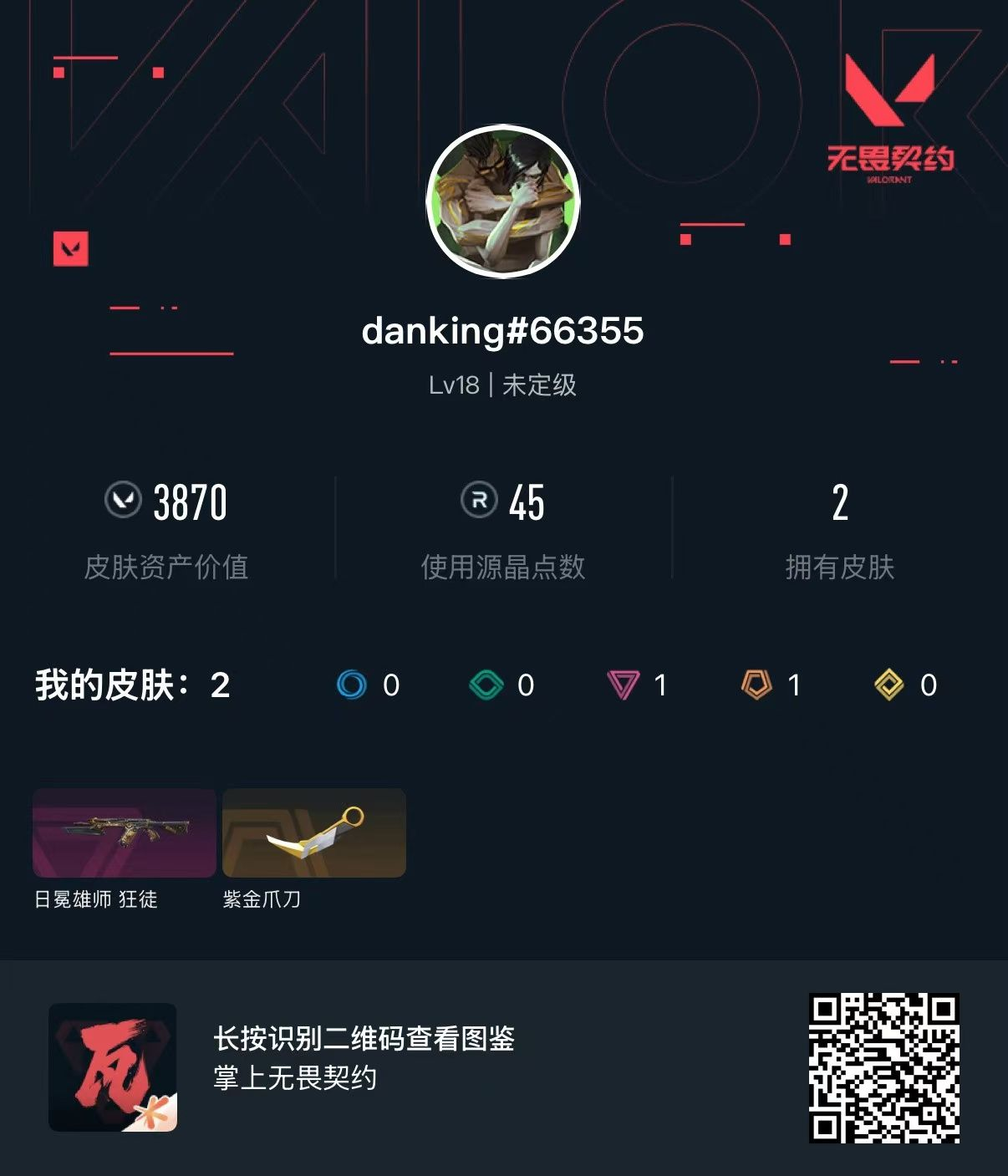 无畏契约账号QQ 等级:Lv18 | 未定级/ 已用源晶点:45/  皮肤价值:3870/ 英雄数:9/ 
 【英雄