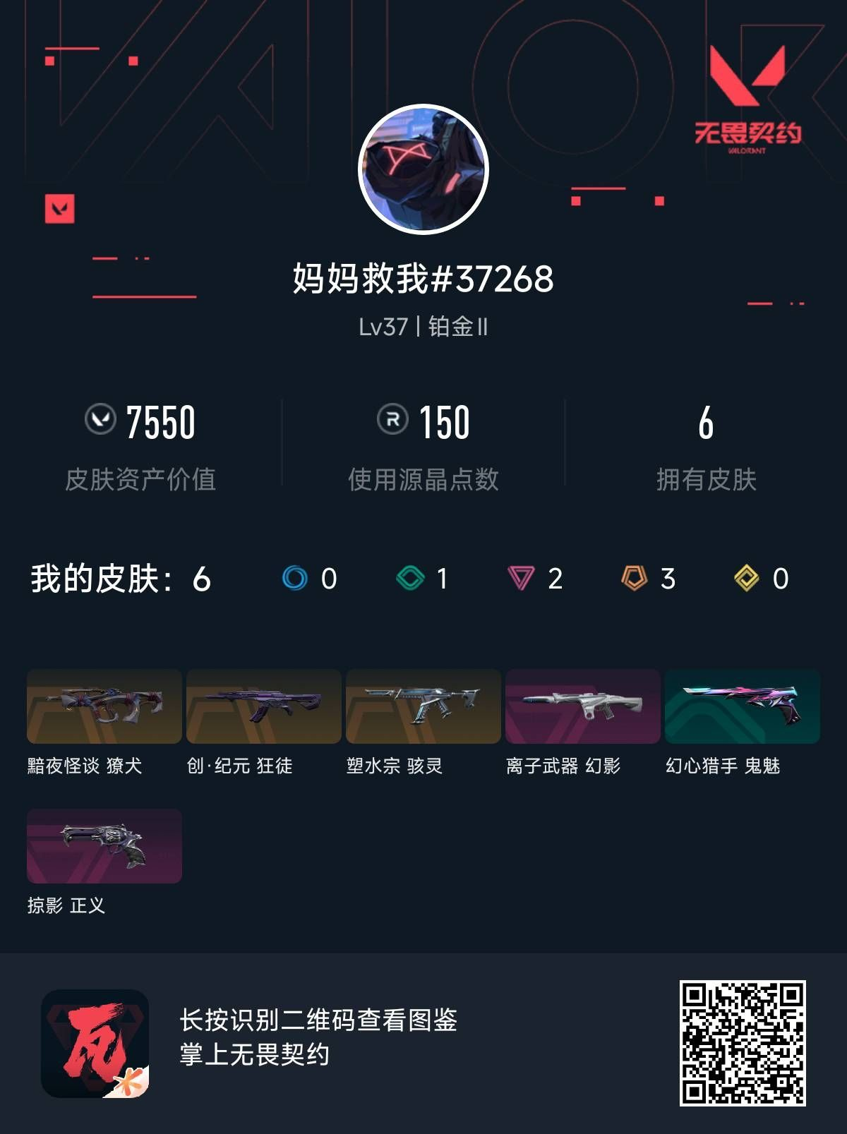 无畏契约账号QQ 等级:Lv37 | 铂金II/ 已用源晶点:150/  皮肤价值:7550/ 英雄数:9/ 
 【