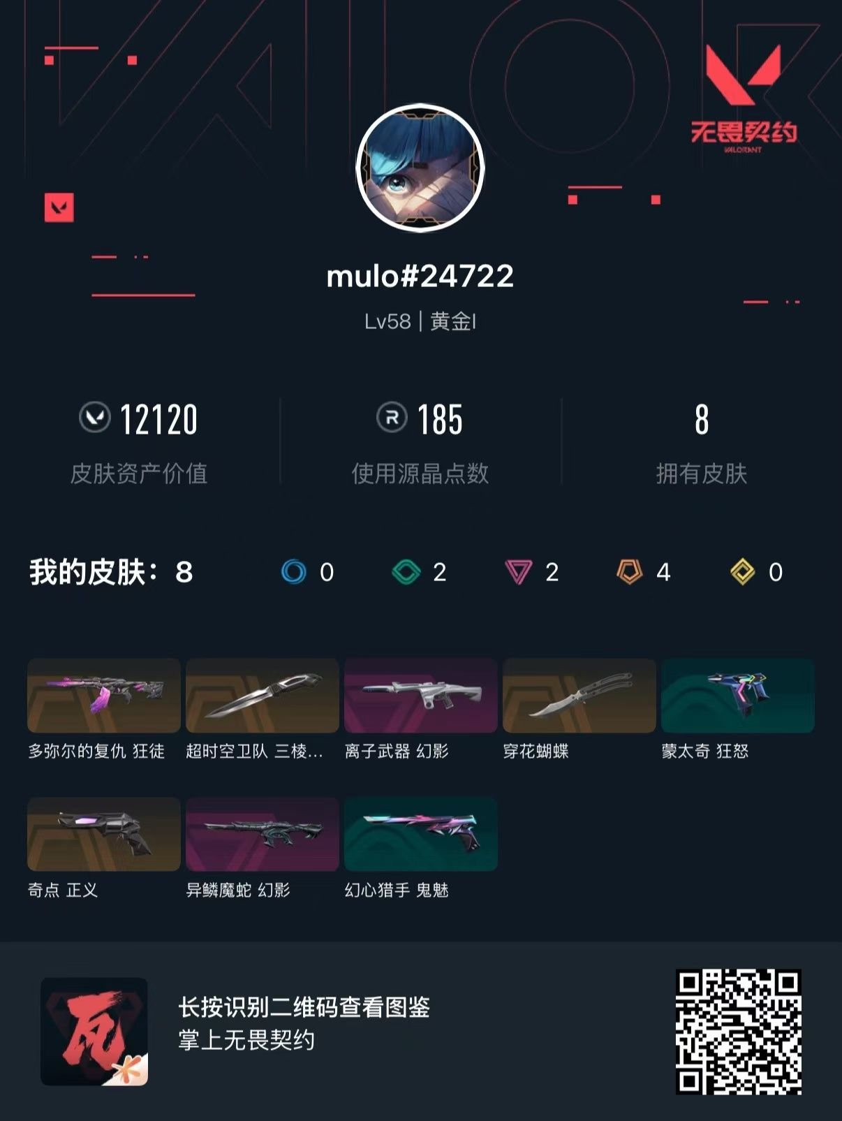无畏契约账号QQ 等级:Lv58 | 黄金I/ 已用源晶点:185/  皮肤价值:12120/ 英雄数:17/ 
 