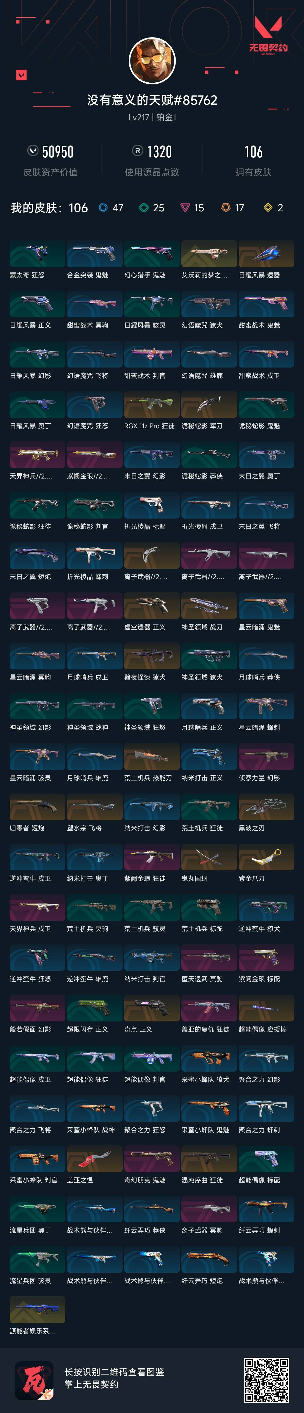 无畏契约账号QQ 等级:Lv217 | 铂金I/ 已用源晶点:1320/  皮肤价值:50950/ 英雄数:29/ 