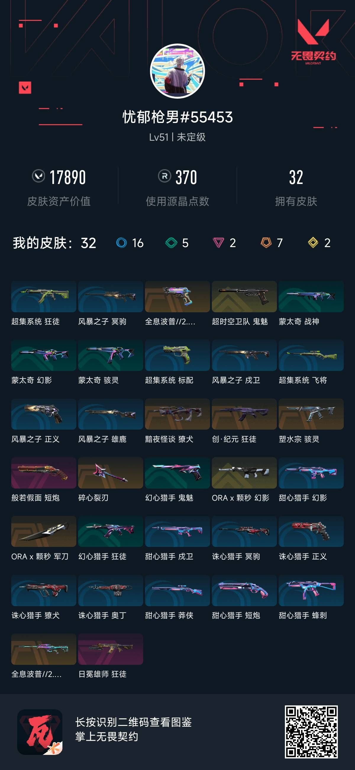 无畏契约账号QQ 等级:Lv51 | 未定级/ 已用源晶点:370/  皮肤价值:17890/ 英雄数:10/ 
 