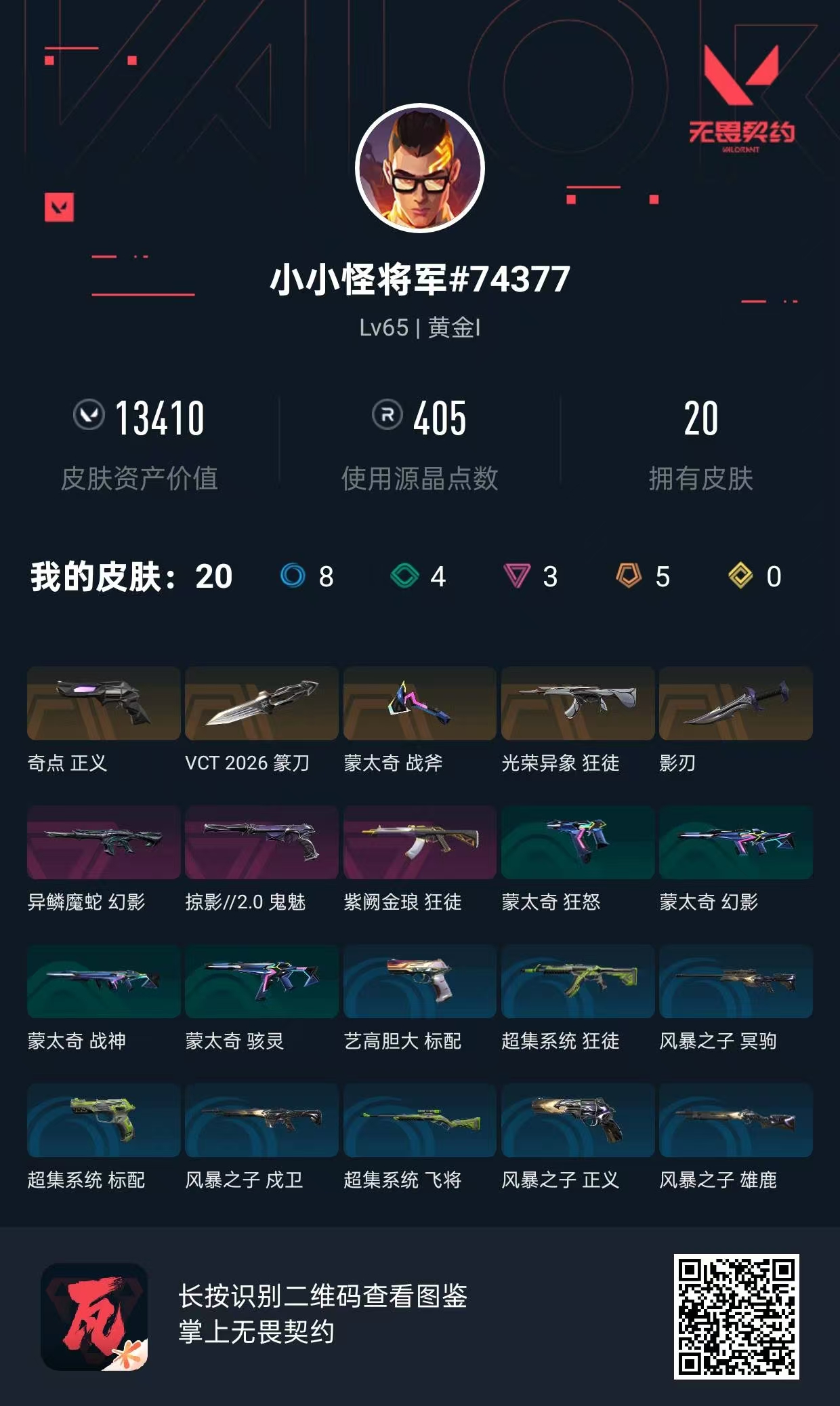 无畏契约账号QQ皮肤价值:13410    VCT2026篆刀   光荣异象狂徒   紫阙金琅狂徒    影刃  奇点正义  异鳞魔蛇幻影    掠影//2.0鬼魅