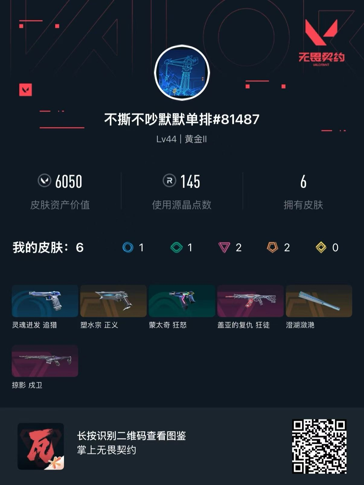 无畏契约账号QQQQ全区QQ全服，已用无畏点数:6050，已用源晶点:145，解锁英雄:15，营地ID:0，实名情况:可二次实名，等级:Lv44 ，皮肤价值:6050，段位:黄金，【英雄】捷风，炼狱，不死鸟，贤者，猎