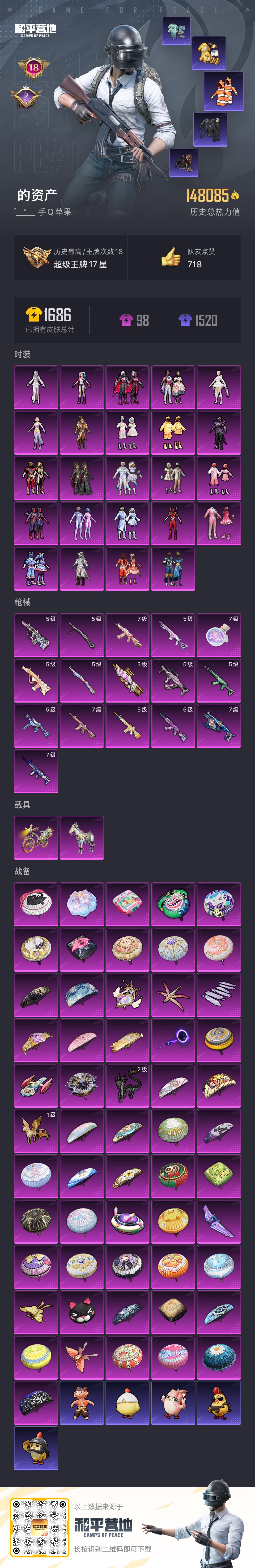 和平精英账号苹果QQ2载具-310套装-419枪皮-苹果手Q-18王牌印记-24粉装-16特效枪-2载具-热力值-310