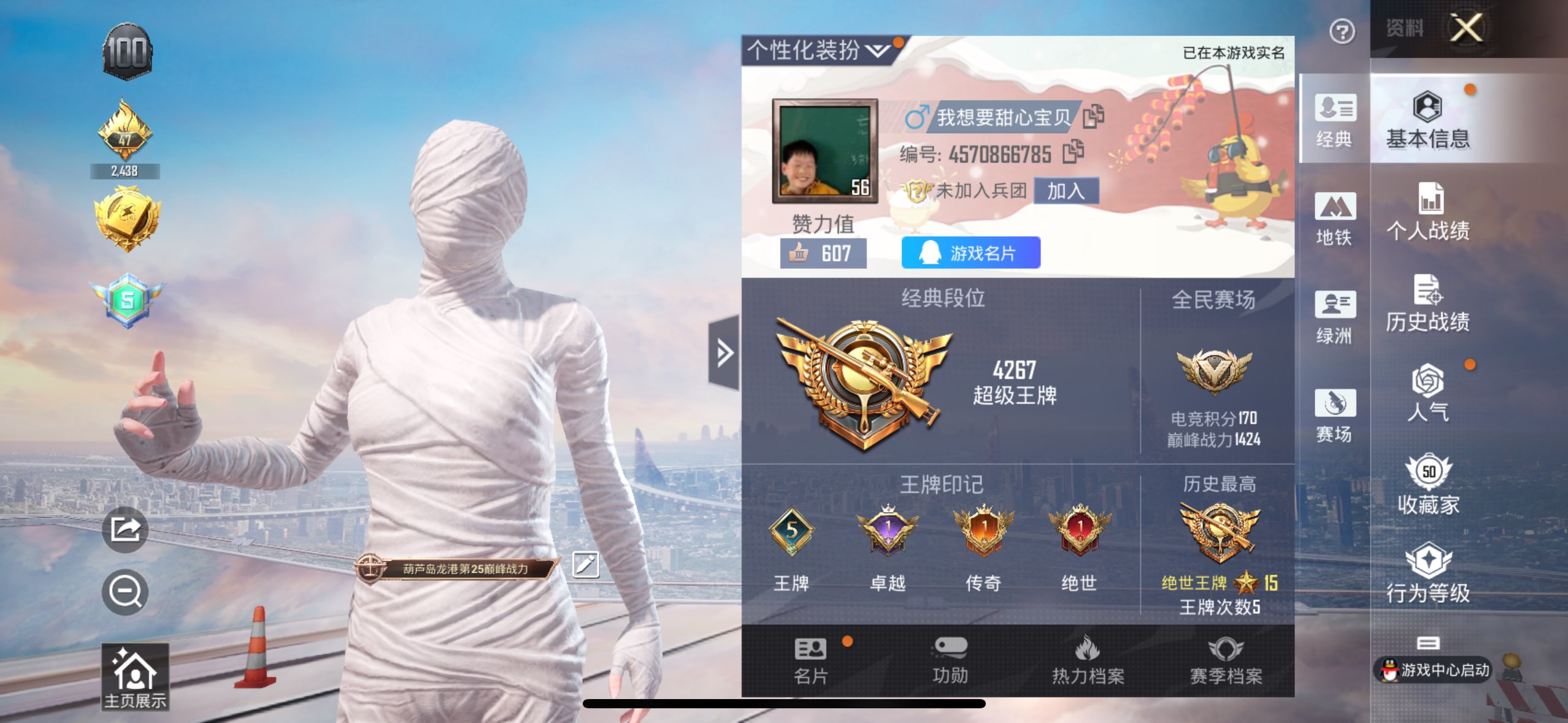 和平精英账号苹果QQ1载具-99套装-107枪皮-苹果手Q-可二次-白色木乃伊-冰雪全套-新火箭少女-浪漫波比背包-金羽