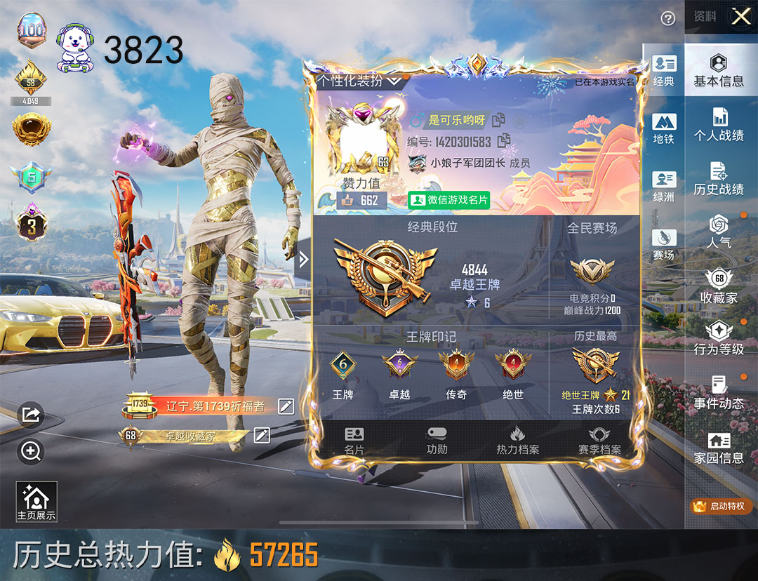 和平精英账号苹果微信身法号2红5车12枪8粉装图卡盟3级维塔金宝马1级至情至圣7级小丑小金鞋梦幻火箭账号编号：C3823