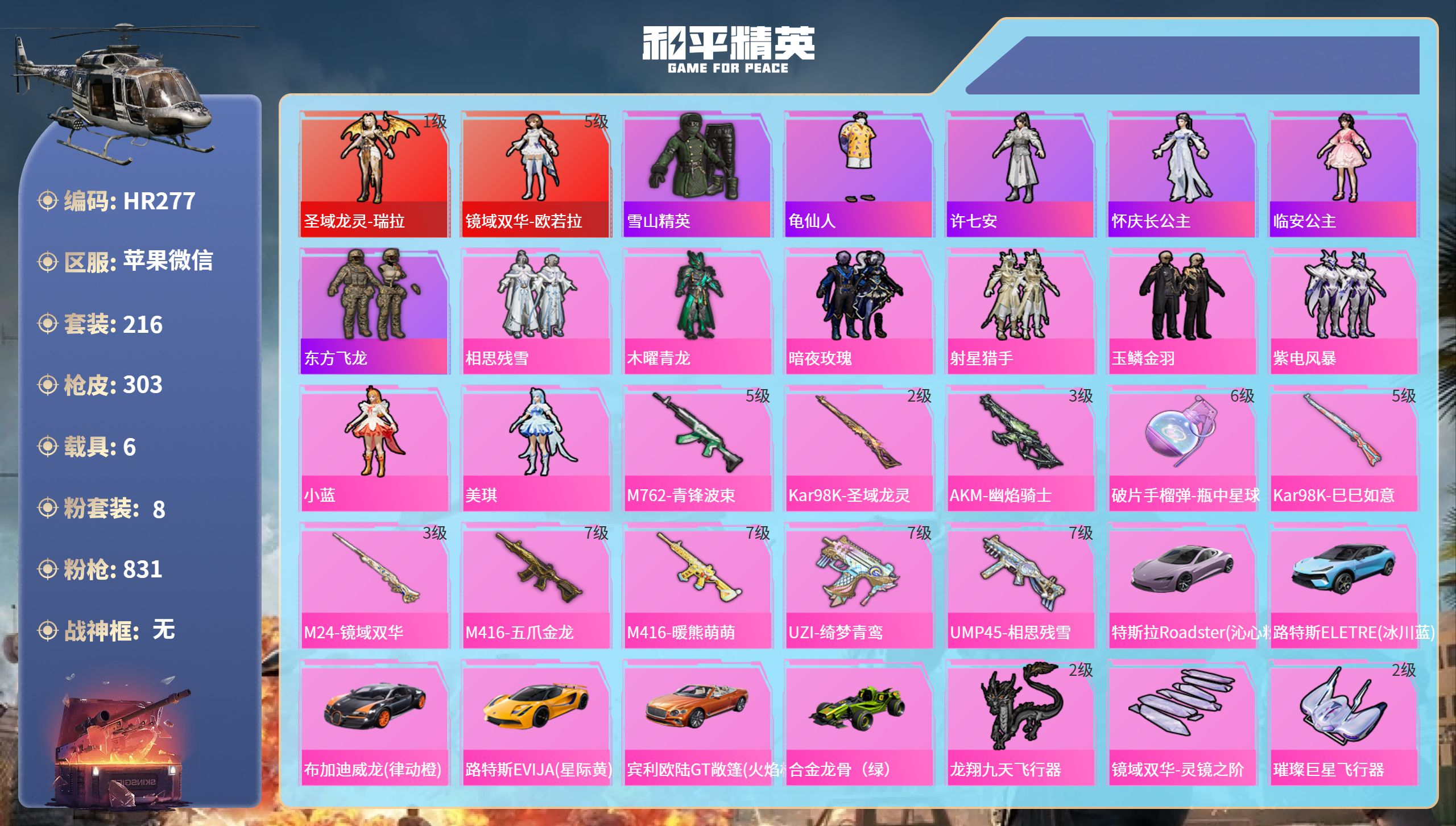 和平精英账号苹果微信6载具-216套装-303枪皮-6HR11 成长不可修改 苹果微信-19王牌印记-2红装-8粉装-1