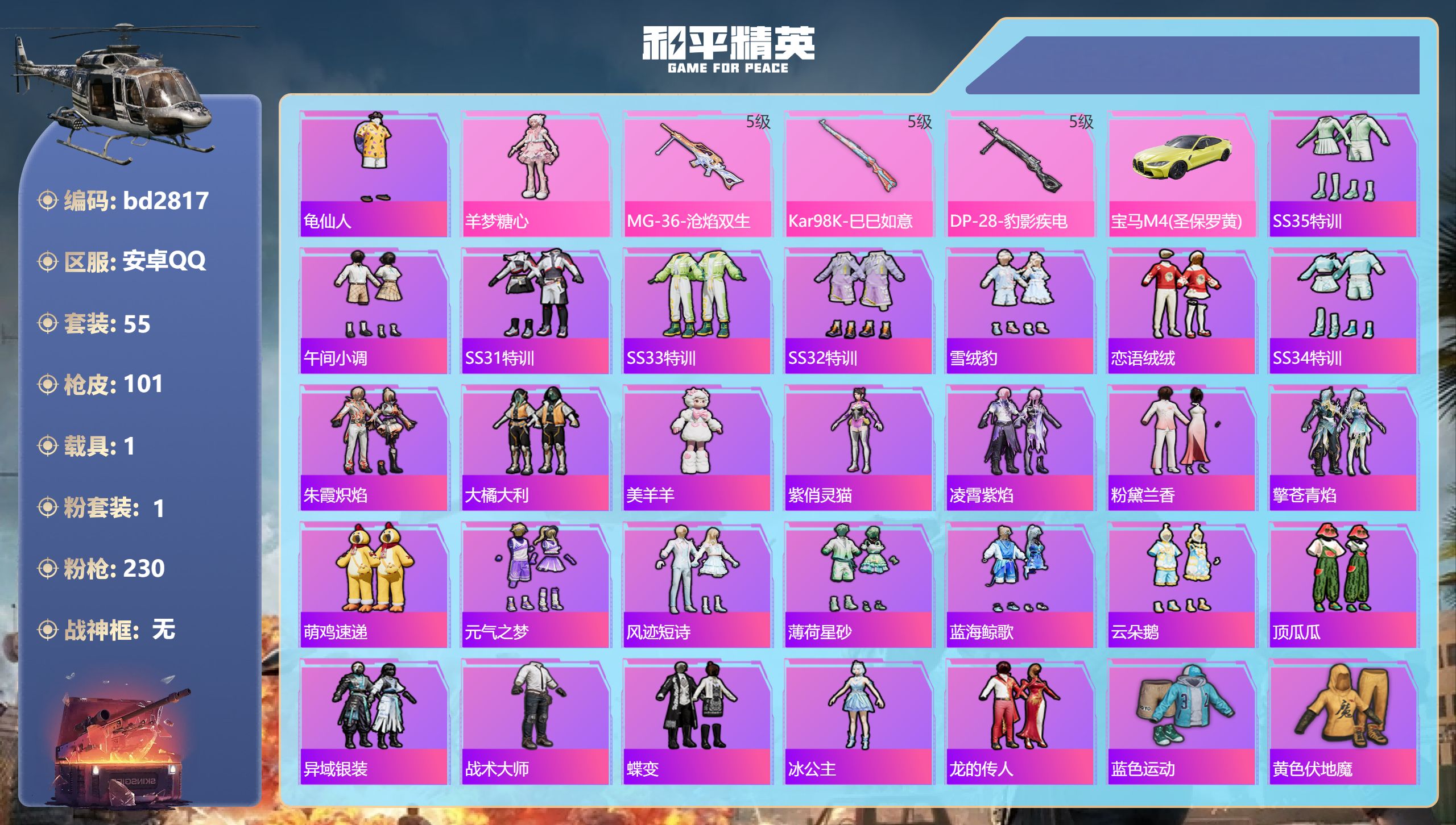 和平精英账号安卓QQ1载具-55套装-101枪皮-安卓手Q-3王牌印记-1粉装-3特效枪-1载具-28263热力值-55