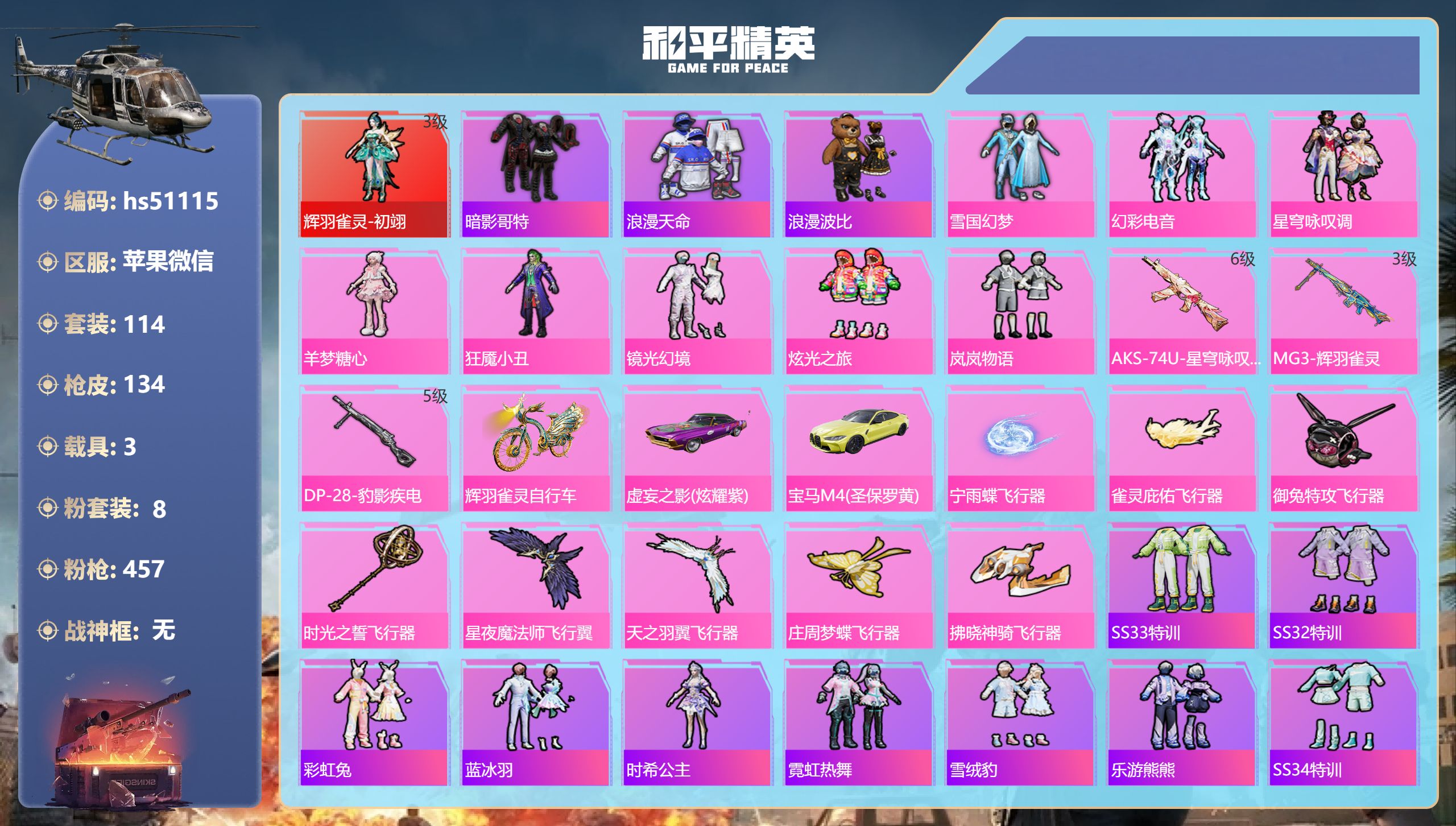 和平精英账号苹果微信hs51115 苹果微信-8王牌印记-1红装-8粉装-3特效枪-3载具-52879热力值-114套装