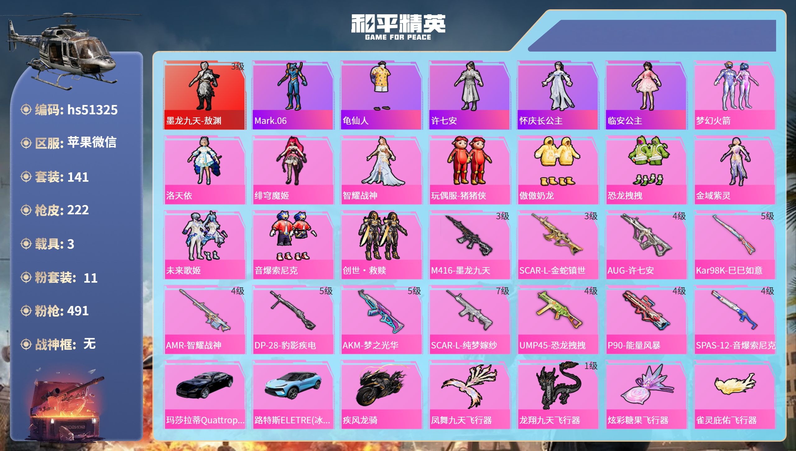 和平精英账号苹果微信hs51325 苹果微信-9王牌印记-1红装-11粉装-11特效枪-3载具-79941热力值-141