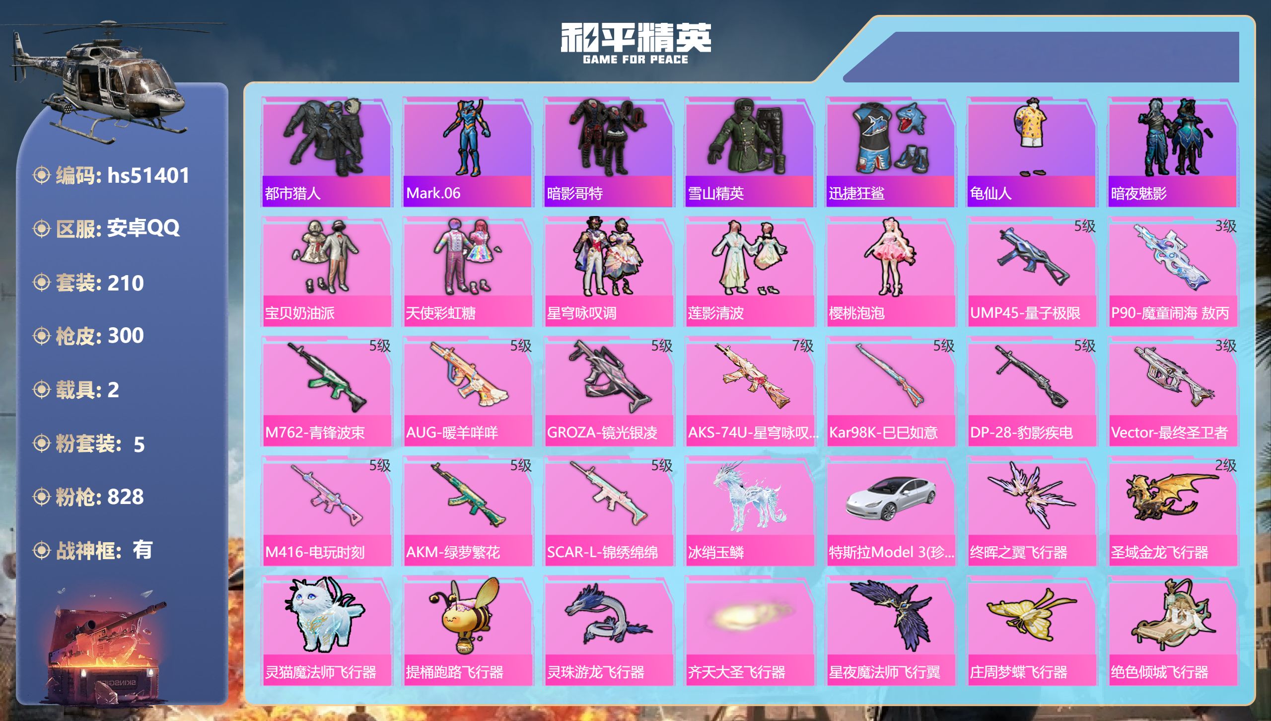 和平精英账号安卓QQhs51401 安卓手Q-17王牌印记-有战神框-5粉装-12特效枪-2载具-92108热力值-21