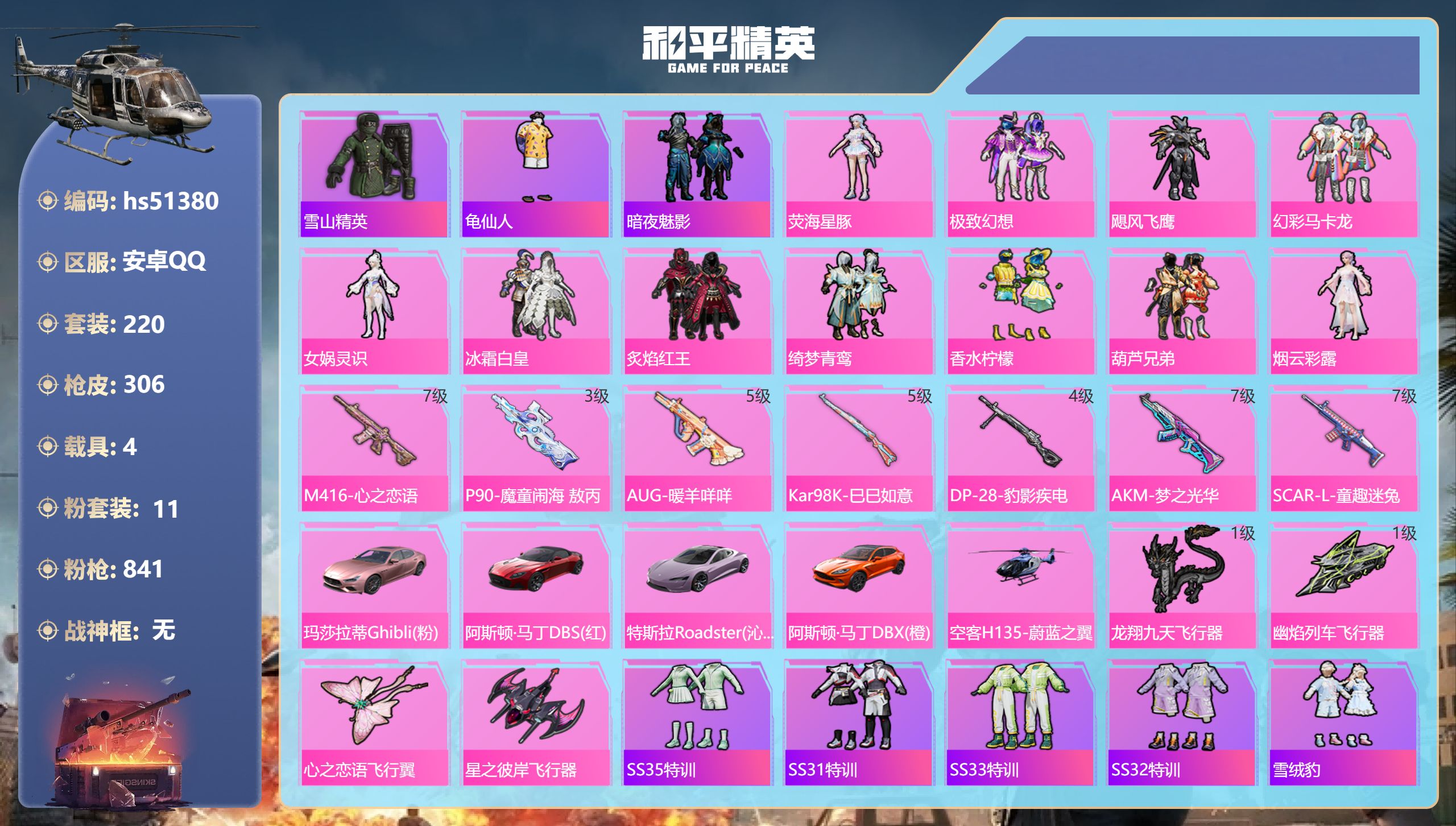 和平精英账号安卓QQhs51380 安卓手Q-15王牌印记-11粉装-7特效枪-4载具-热力值-220套装-306枪皮-
