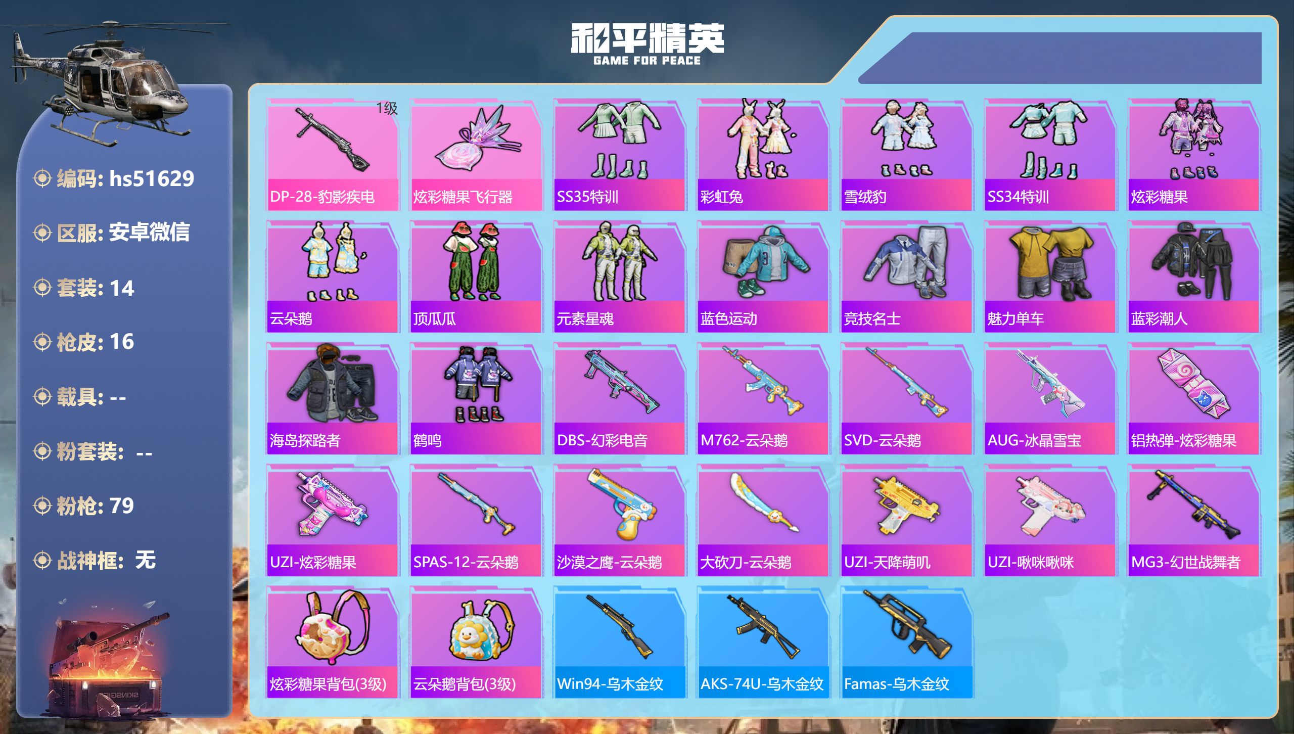 和平精英账号安卓微信hs51629 安卓微信-0王牌印记-1特效枪-5679热力值-14套装-16枪皮
【1特效枪】DP