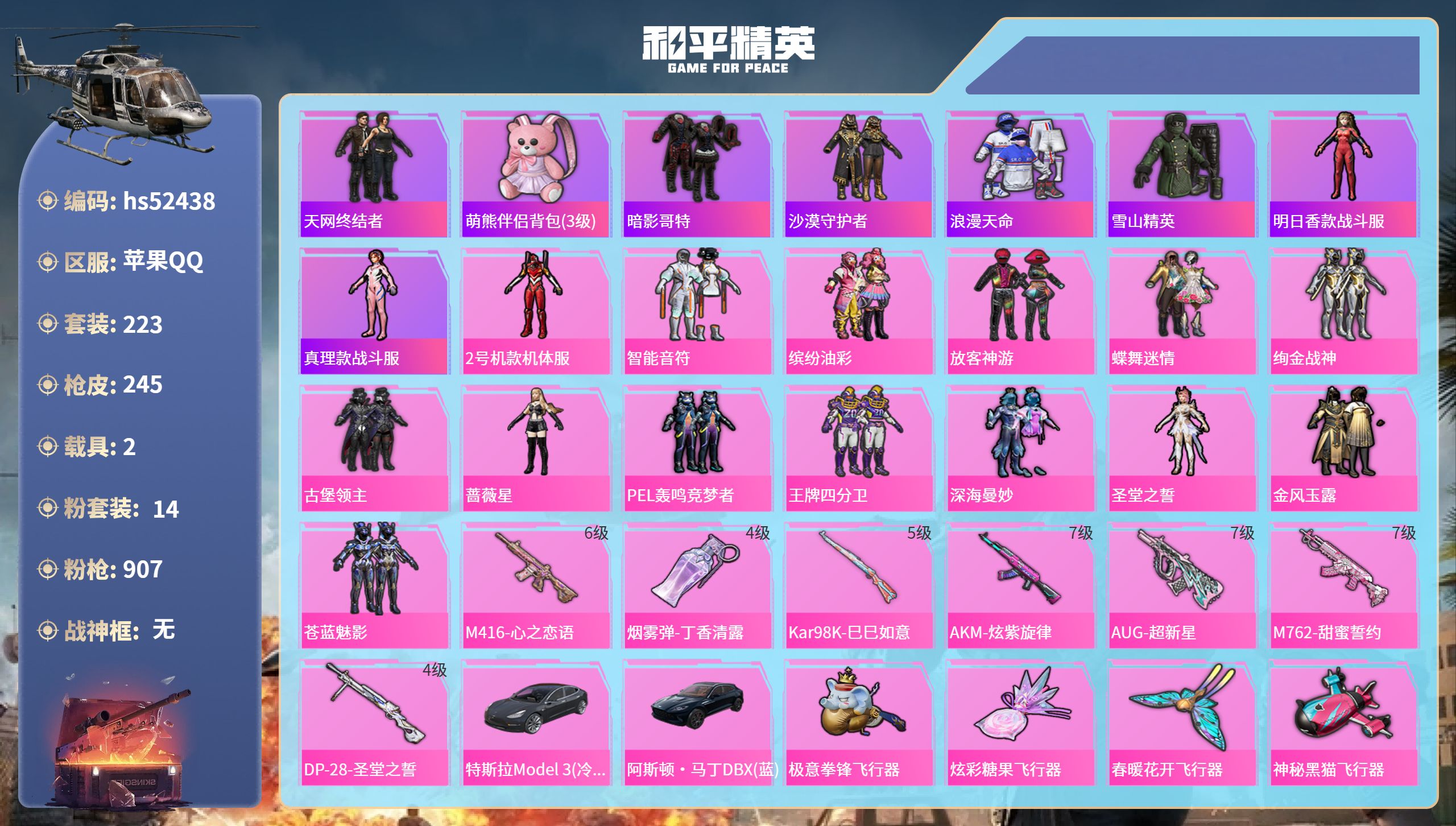 和平精英账号苹果QQhs52438 苹果手Q-8王牌印记-14粉装-7特效枪-2载具-95942热力值-223套装-24