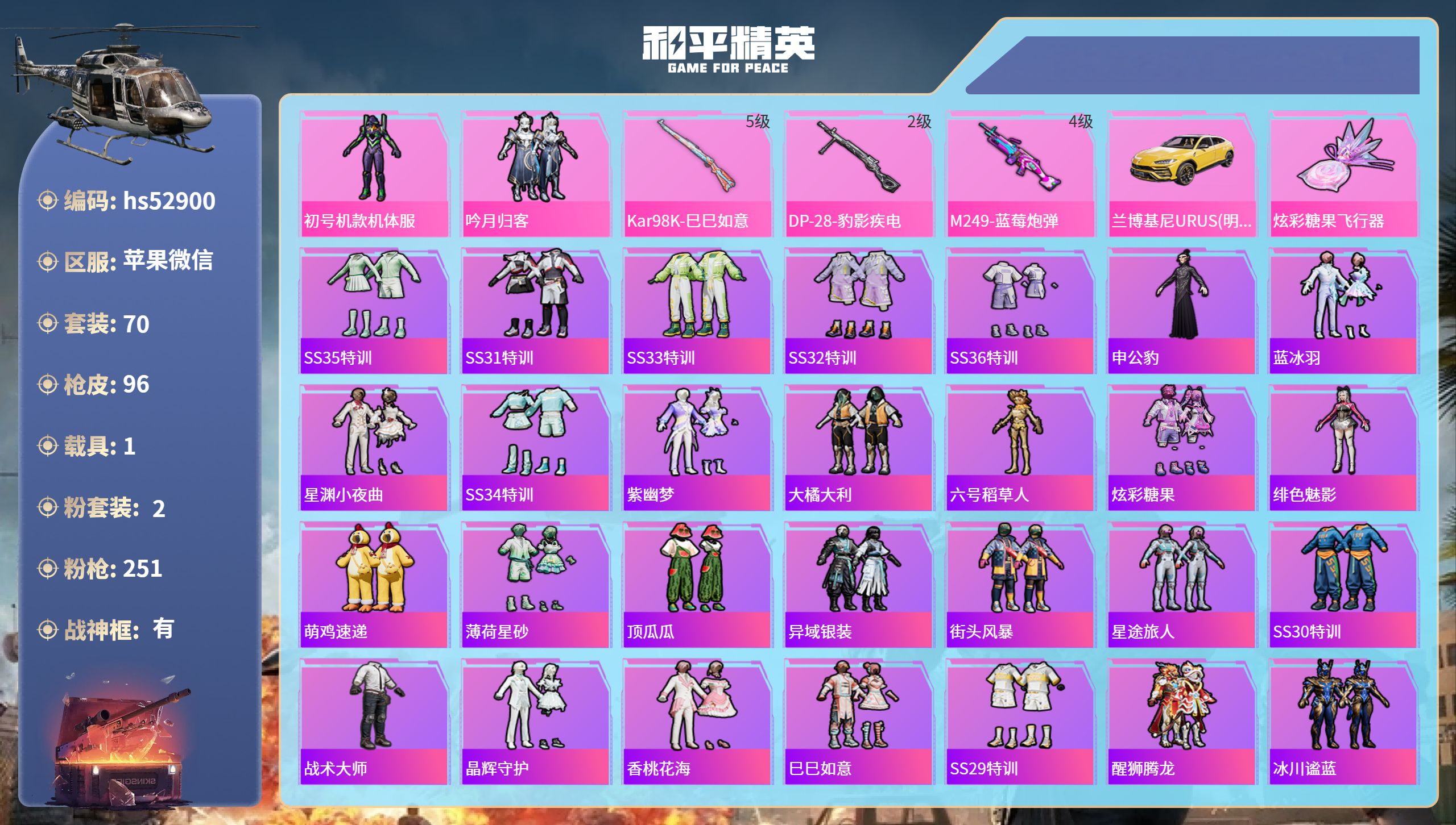 和平精英账号苹果微信hs52900 苹果微信-10王牌印记-有战神框-2粉装-3特效枪-1载具-29464热力值-70套