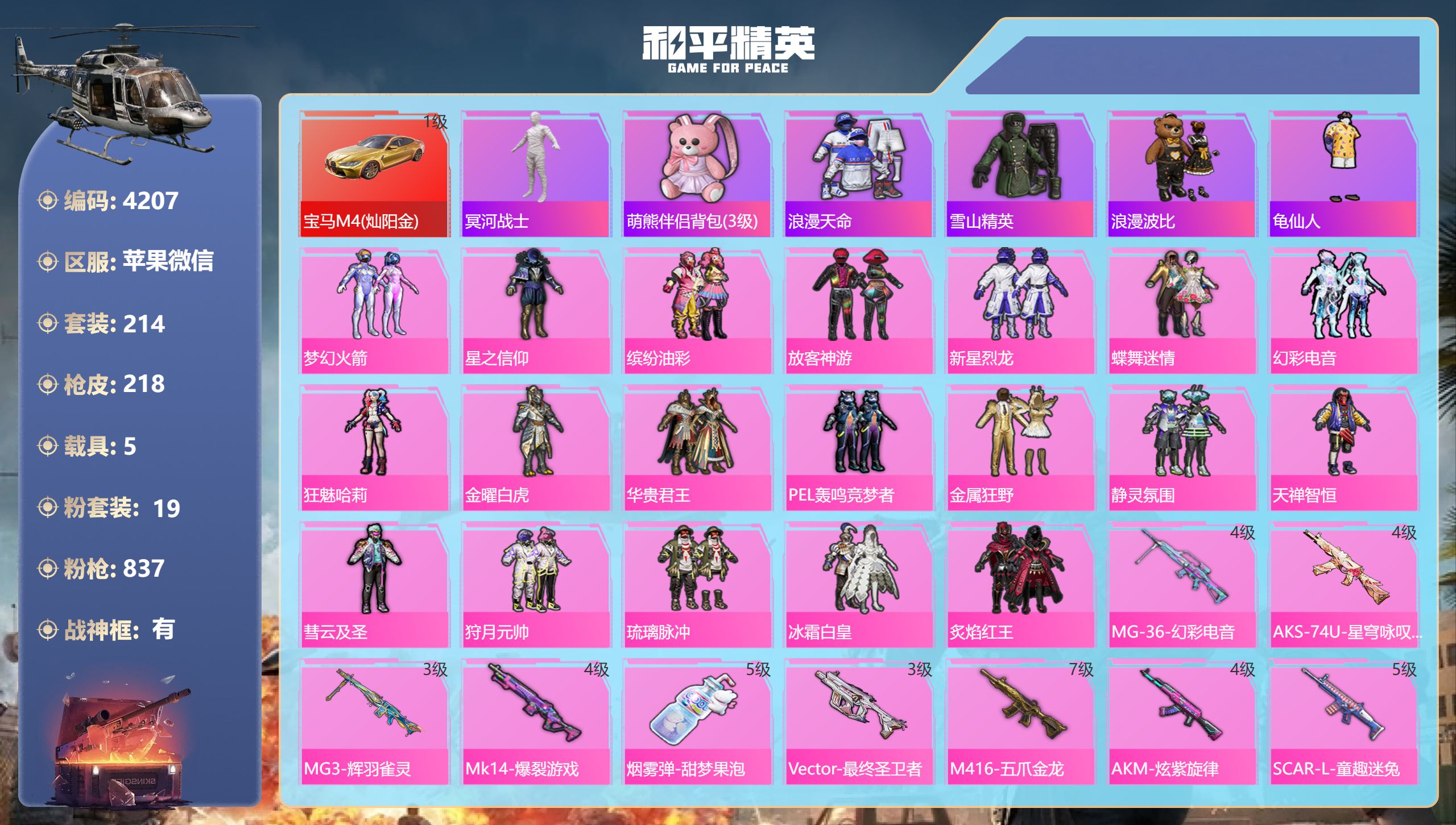 和平精英账号苹果微信DB4207-果V-实名可改可转区（微信社交限制）-19粉装-10特效枪-5载具-无敌战神框（送17