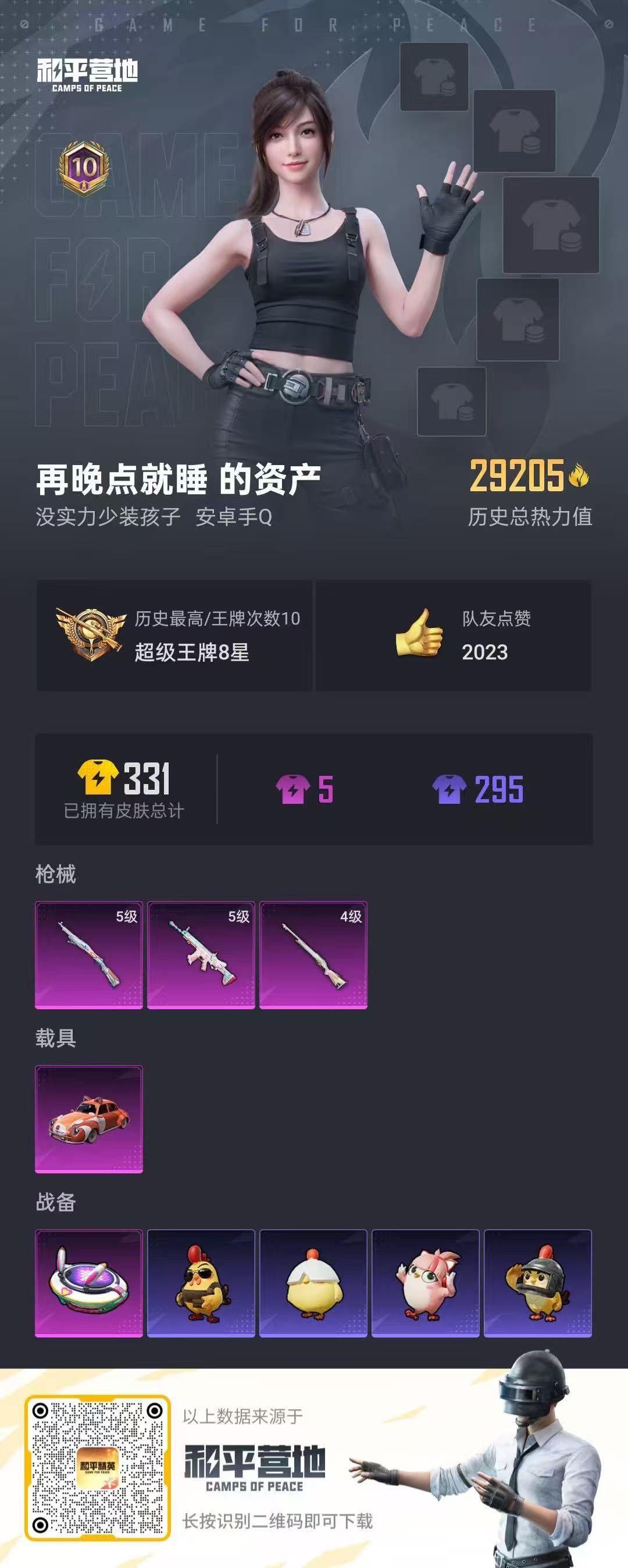 和平精英账号安卓QQ1载具-75套装-103枪皮-安卓QQ，载具数:1，套装数量:75，枪皮数量:103，特效枪数量:3