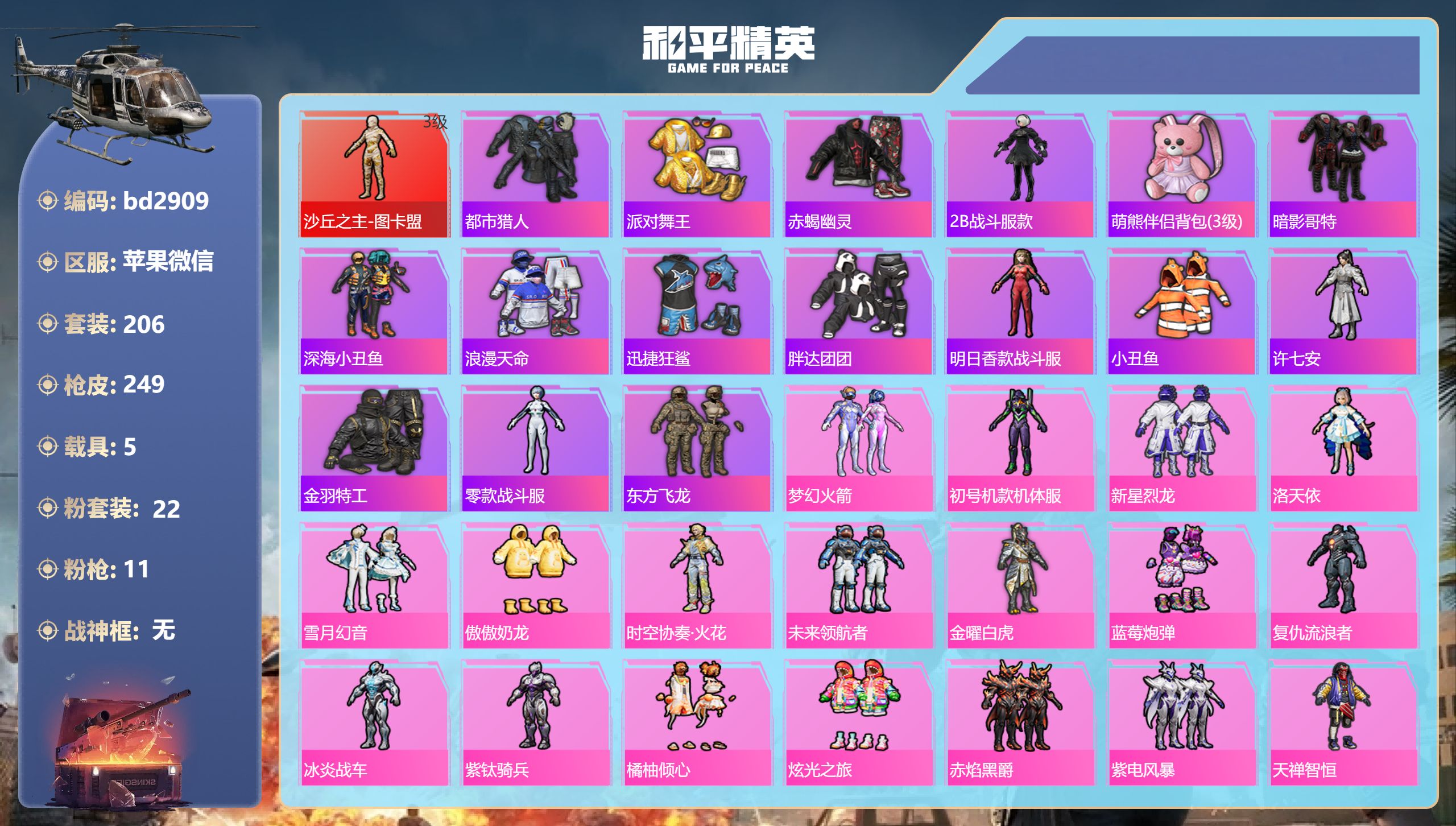 和平精英账号苹果微信5载具-206套装-249枪皮-苹果微信-17王牌印记-1红装-22粉装-11特效枪-5载具-热力值