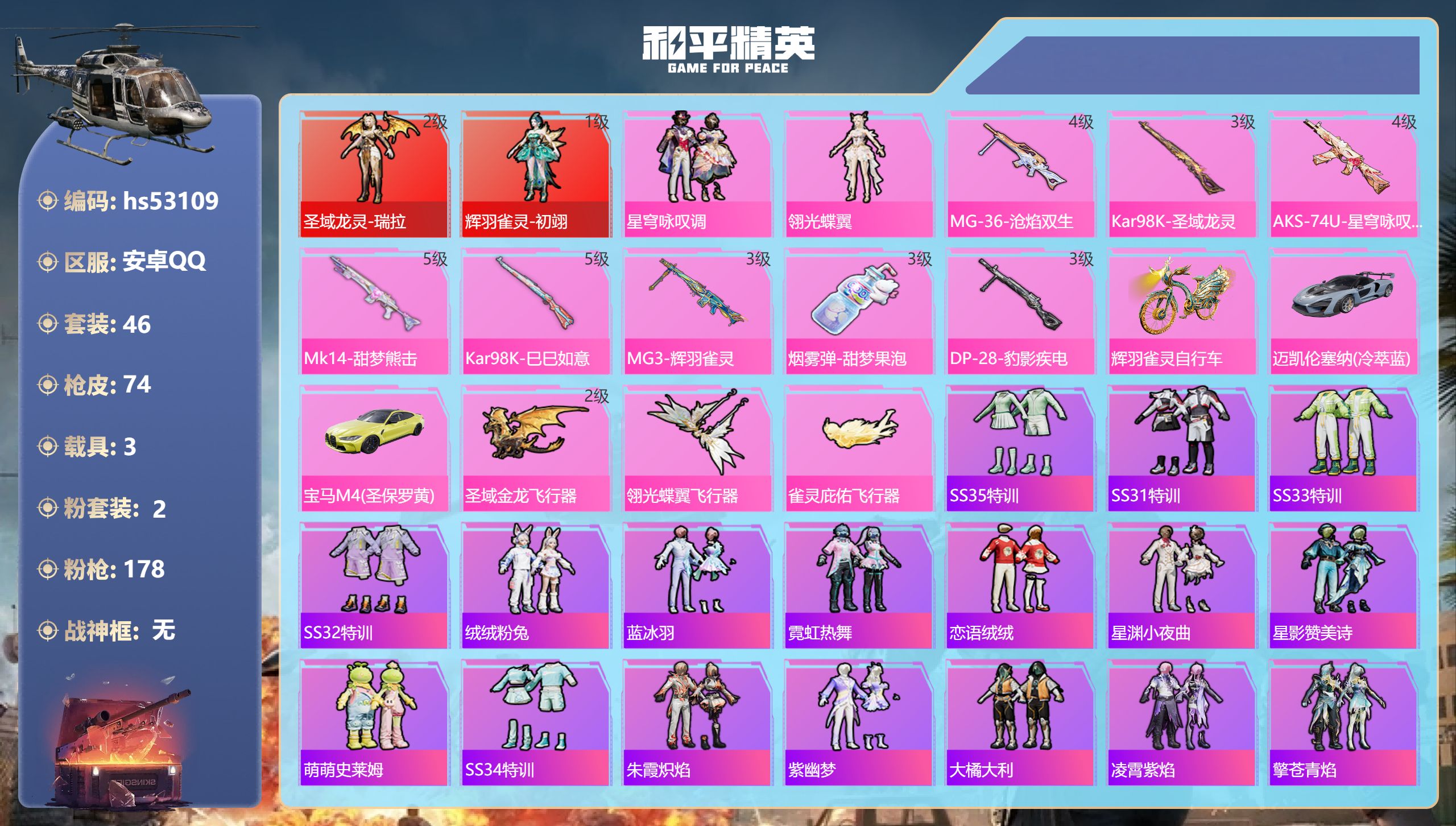 和平精英账号安卓QQhs53109 安卓手Q-3王牌印记-2红装-2粉装-8特效枪-3载具-28754热力值-46套装-