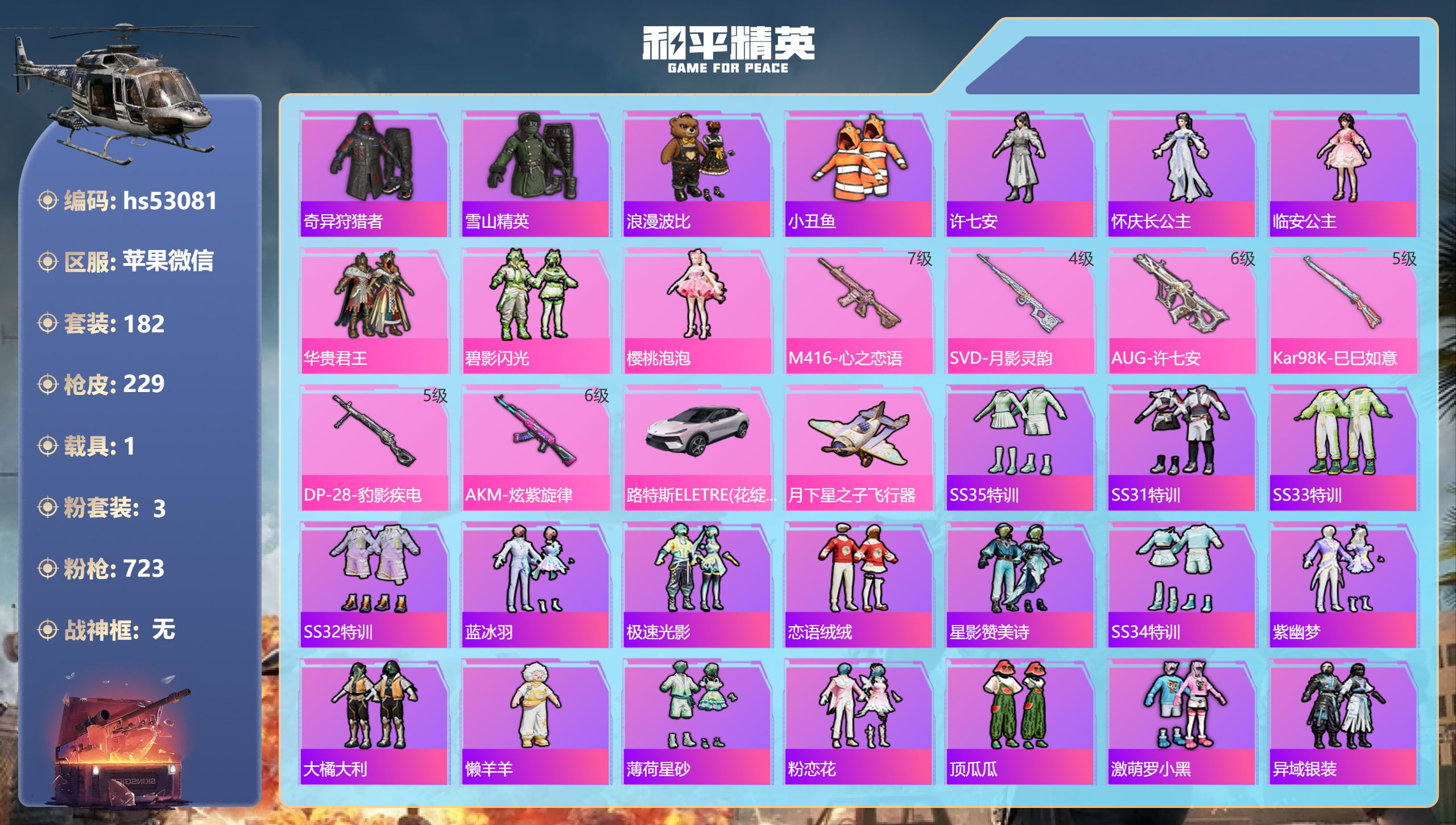 和平精英账号苹果微信hs53081 苹果微信-8王牌印记-3粉装-6特效枪-1载具-71861热力值-182套装-229