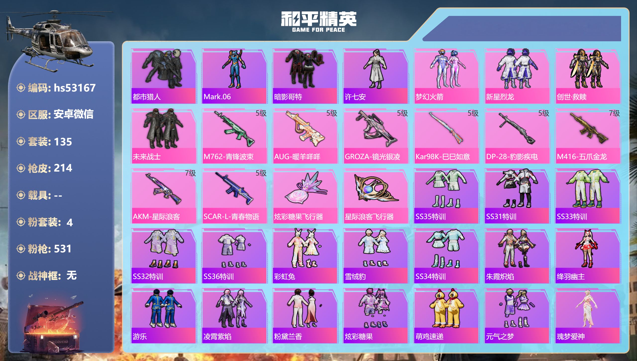 和平精英账号安卓微信hs53167 安卓微信-13王牌印记-4粉装-8特效枪-66201热力值-135套装-214枪皮-