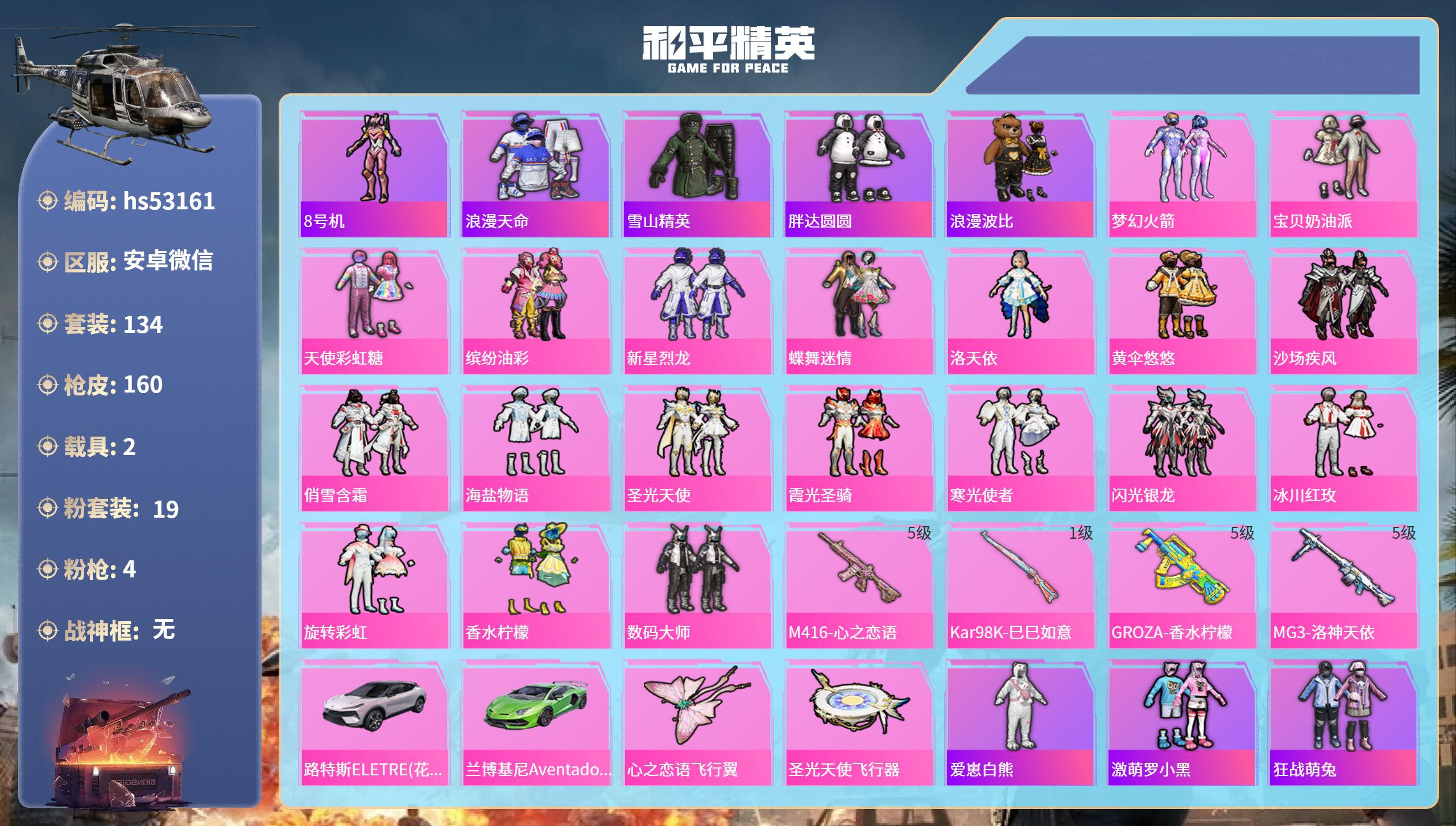 和平精英账号安卓微信hs53161 安卓微信-2王牌印记-19粉装-4特效枪-2载具-60693热力值-134套装-16