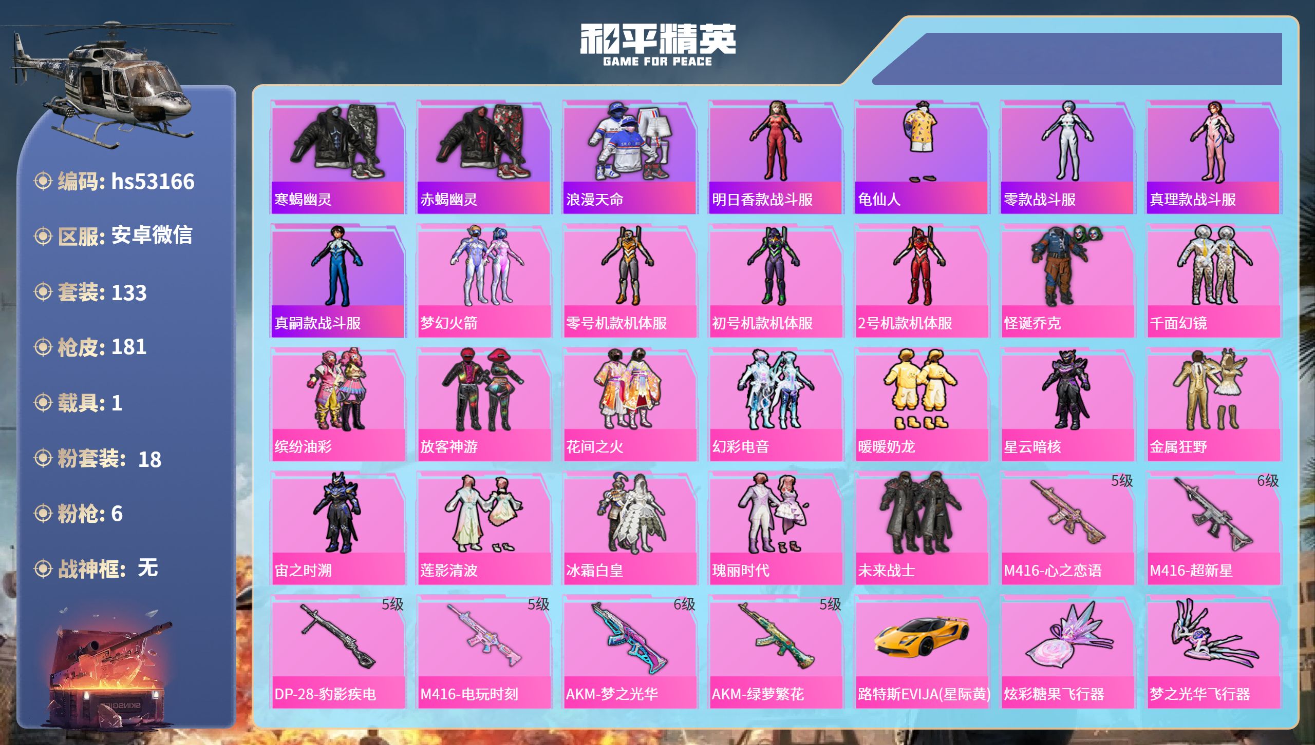 和平精英账号安卓微信hs53166 安卓微信-10王牌印记-18粉装-6特效枪-1载具-62261热力值-133套装-1