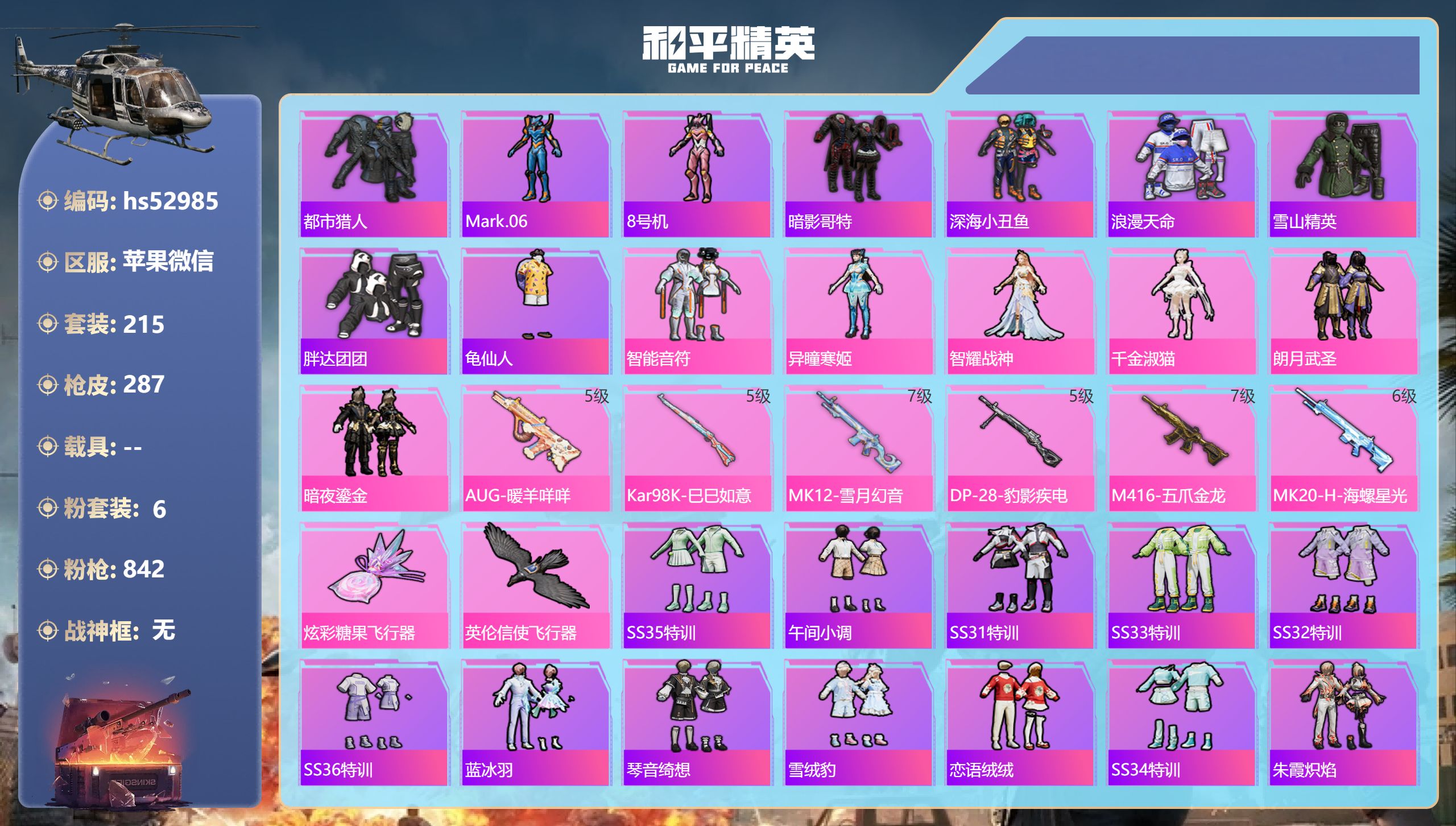 和平精英账号苹果微信hs52985 苹果微信-21王牌印记-6粉装-6特效枪-85287热力值-215套装-287枪皮-