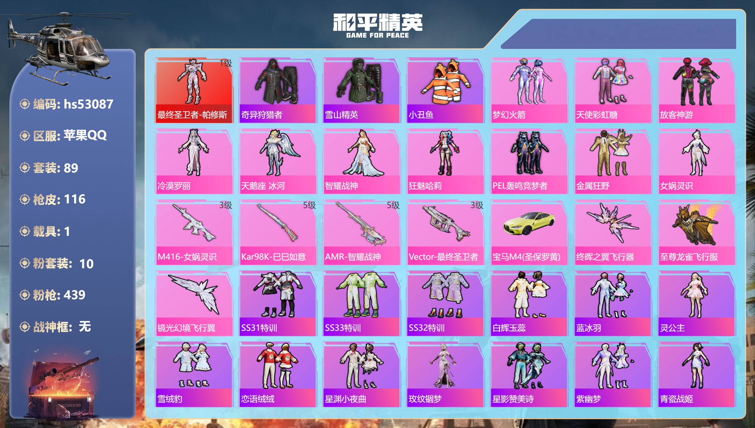 和平精英账号苹果QQhs53087 苹果手Q-3王牌印记-1红装-10粉装-4特效枪-1载具-39730热力值-89套装