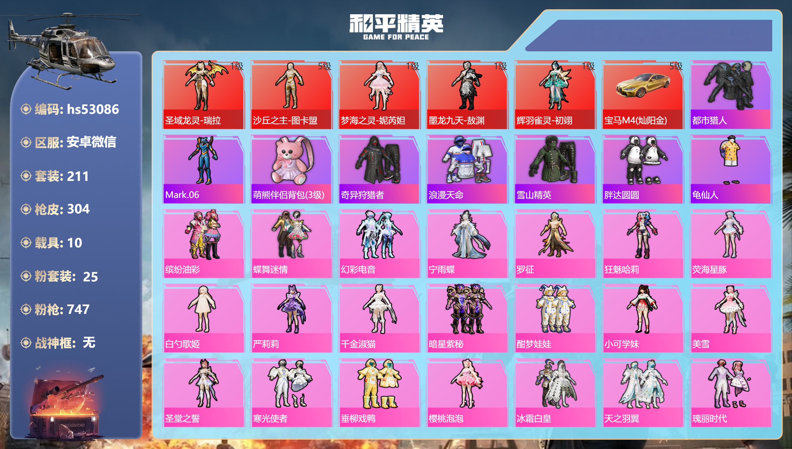 和平精英账号安卓微信hs53086 安卓微信-12王牌印记-5红装-25粉装-20特效枪-10载具-热力值-211套装-