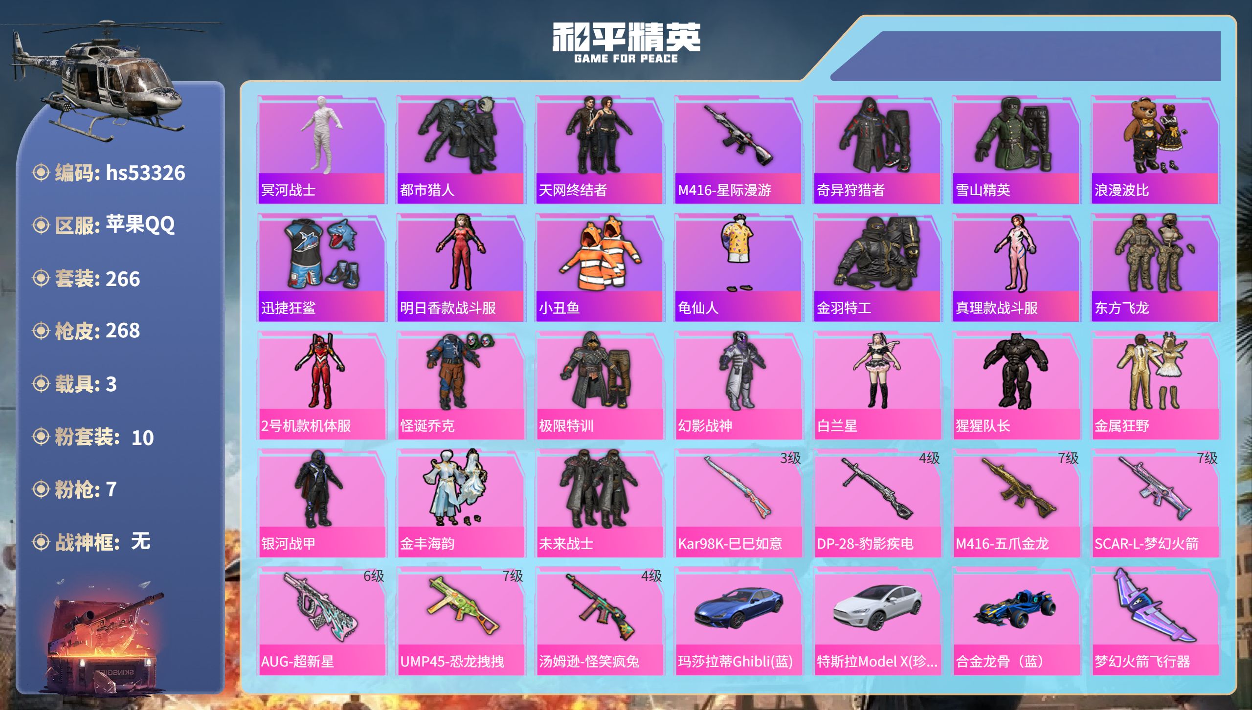 和平精英账号苹果QQhs53326 苹果手Q-13王牌印记-10粉装-7特效枪-3载具-热力值-266套装-268枪皮
