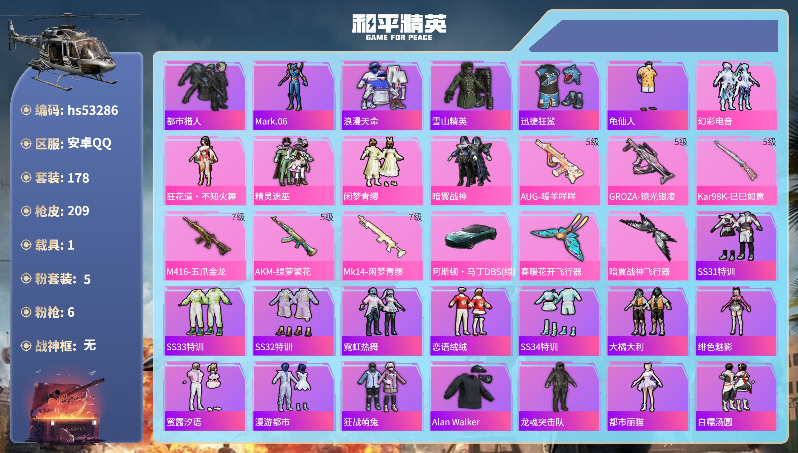 和平精英账号安卓QQhs53286 安卓手Q-13王牌印记-5粉装-6特效枪-1载具-69841热力值-178套装-20