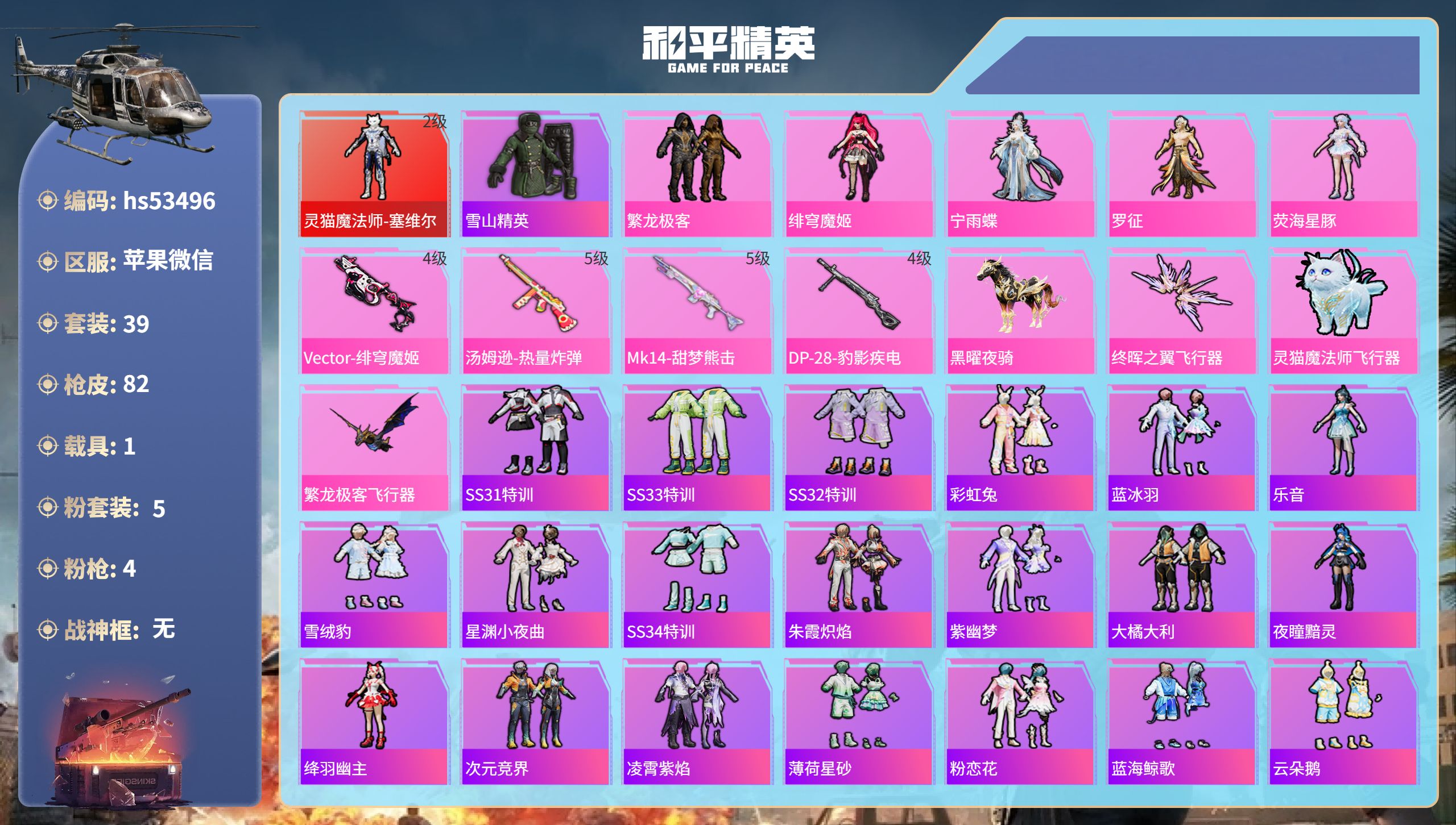 和平精英账号苹果微信hs53496 苹果微信-4王牌印记-1红装-5粉装-4特效枪-1载具-24789热力值-39套装-