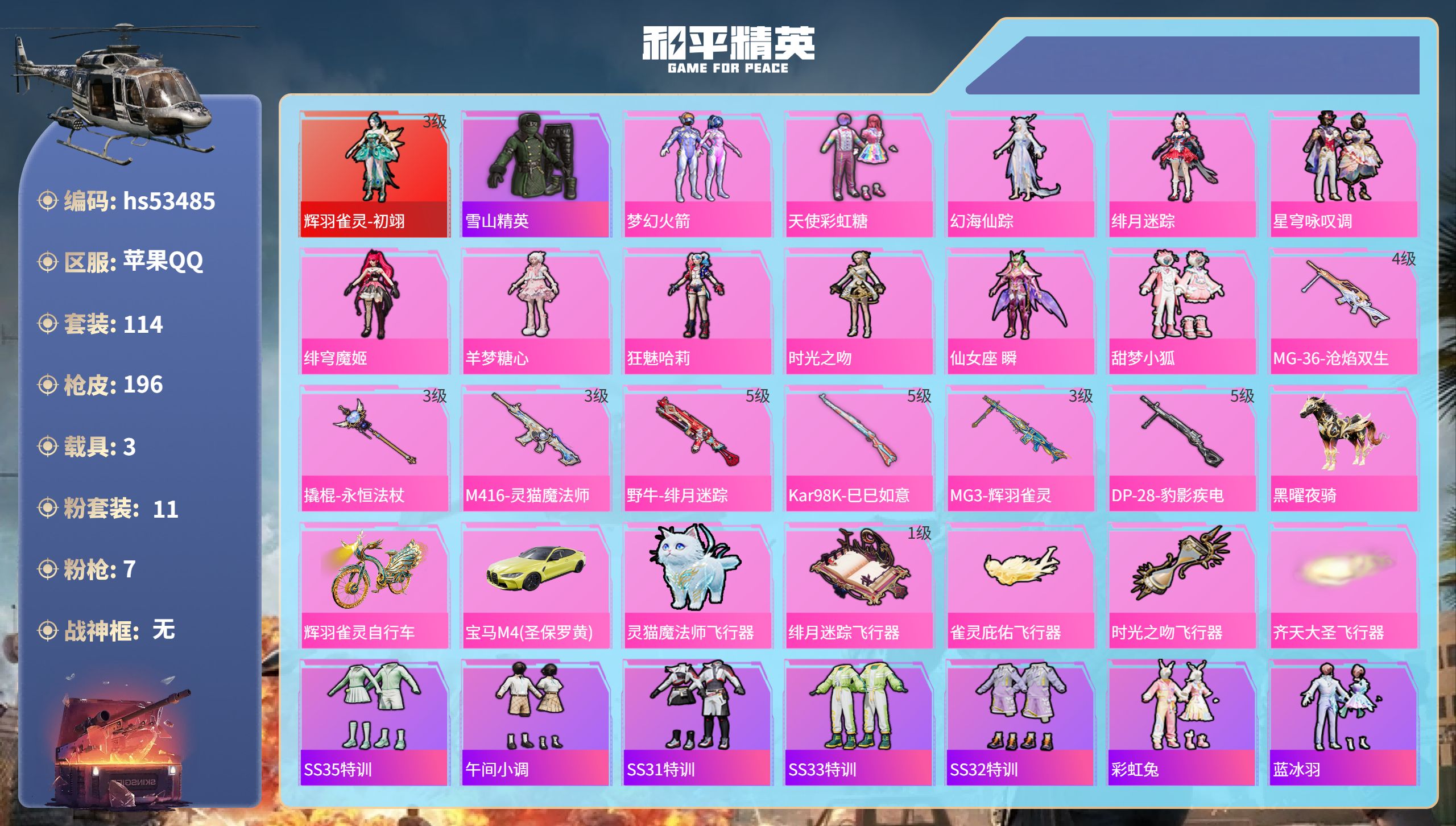 和平精英账号苹果QQhs53485 苹果手Q-4王牌印记-1红装-11粉装-7特效枪-3载具-65556热力值-114套