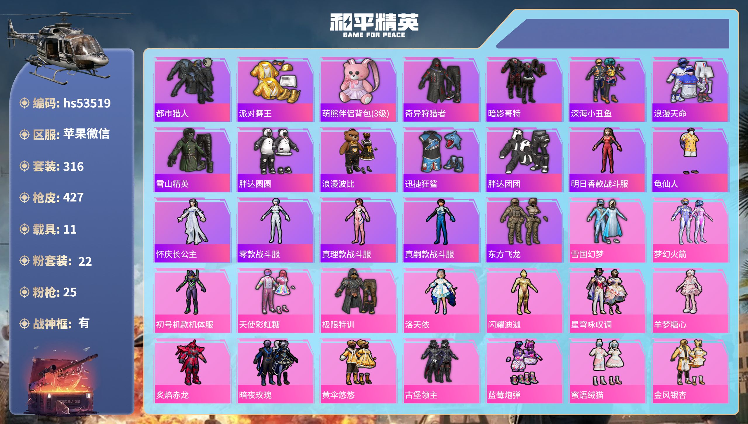 和平精英账号苹果微信hs53519 苹果微信-26王牌印记-有战神框-22粉装-25特效枪-11载具-热力值-316套装