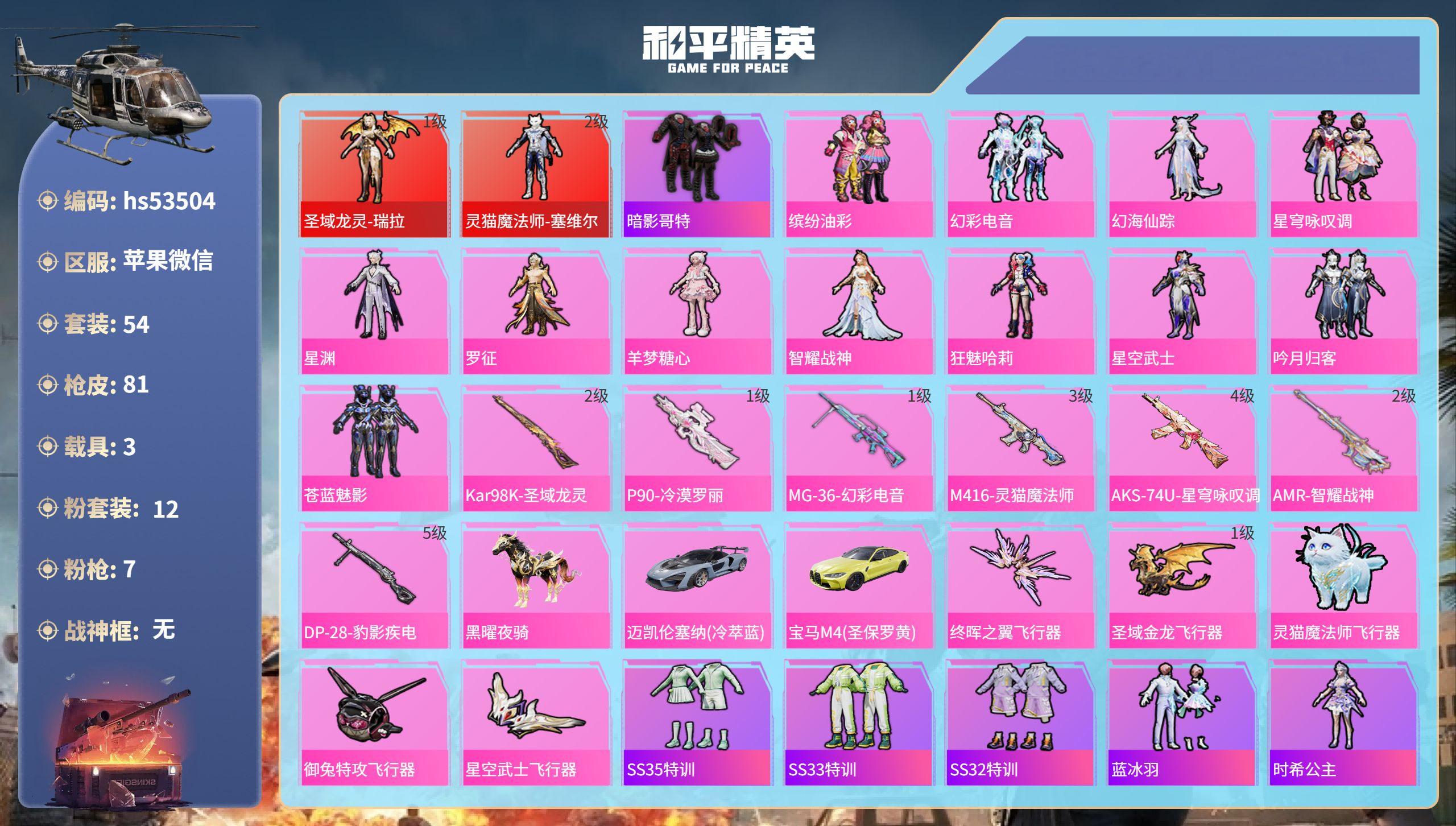 和平精英账号苹果微信hs53504 苹果微信-3王牌印记-2红装-12粉装-7特效枪-3载具-32034热力值-54套装