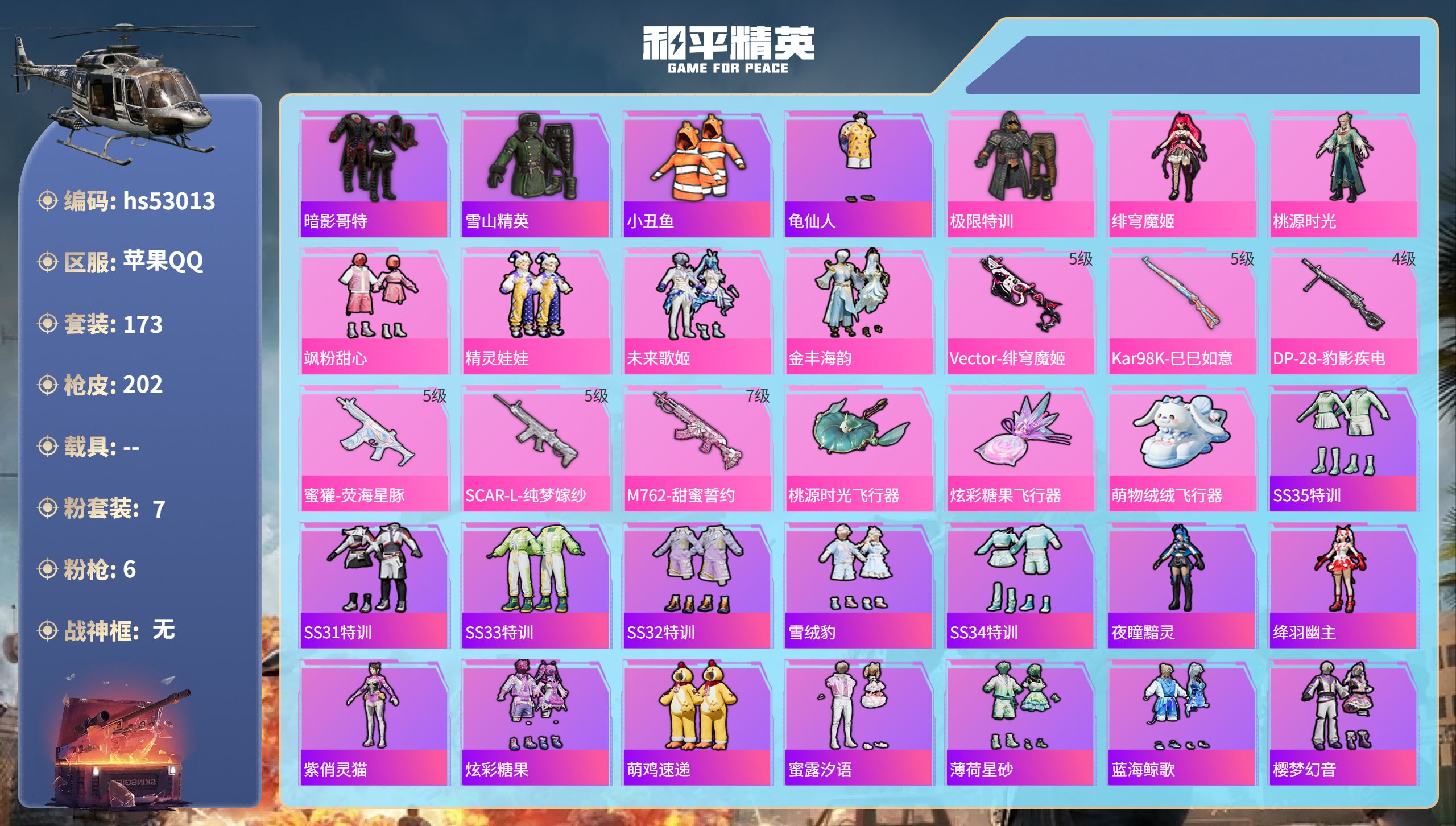 和平精英账号苹果QQhs53013 苹果手Q-3王牌印记-7粉装-6特效枪-63160热力值-173套装-202枪皮
【