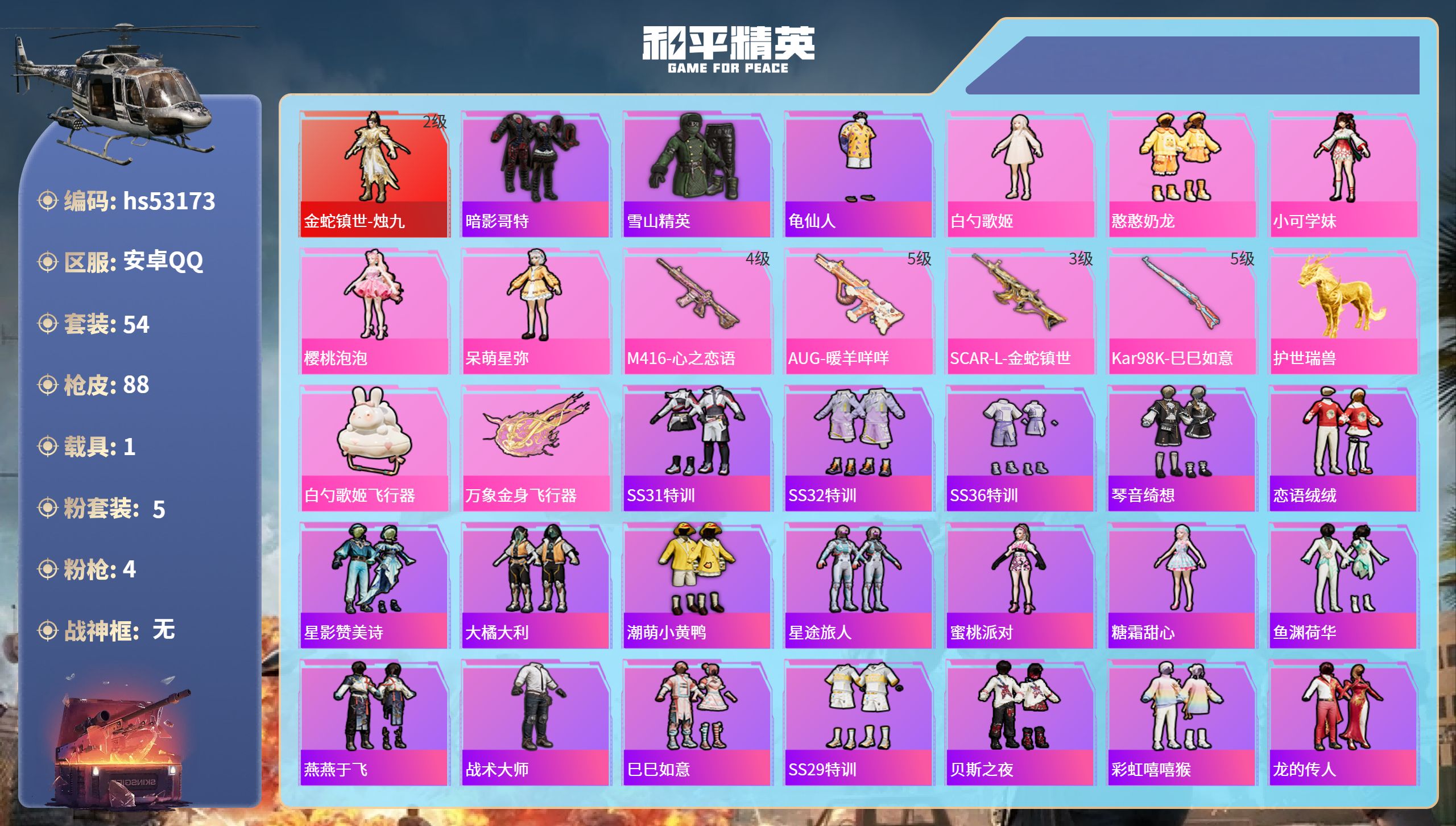 和平精英账号安卓QQhs53173 安卓手Q-2王牌印记-1红装-5粉装-4特效枪-1载具-28161热力值-54套装-