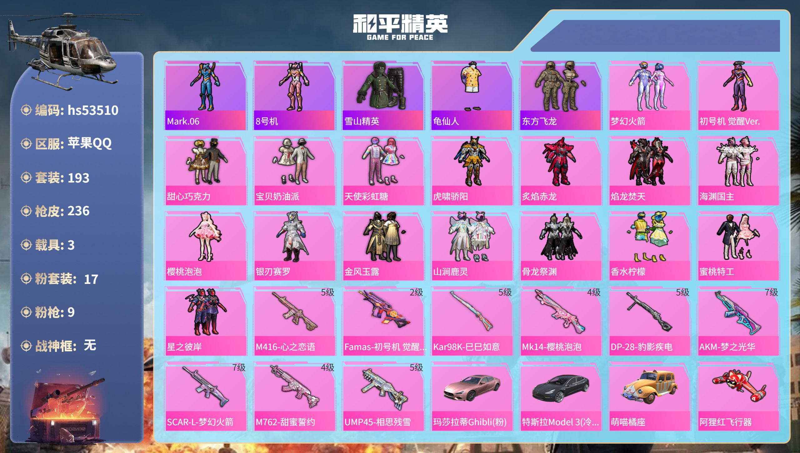 和平精英账号苹果QQhs53510 苹果手Q-13王牌印记-17粉装-9特效枪-3载具-91420热力值-193套装-2