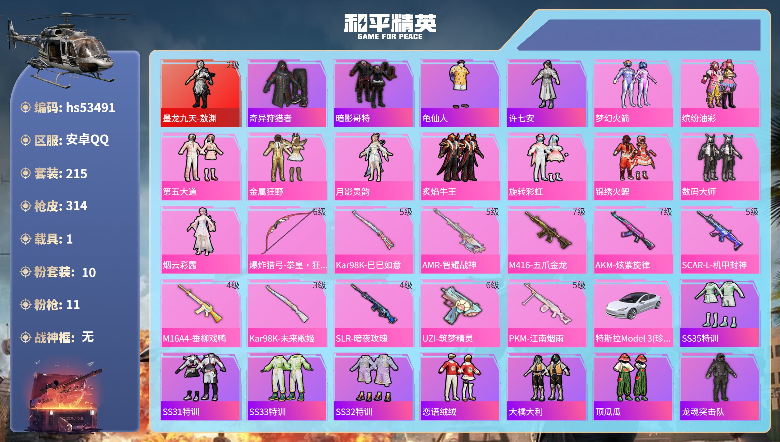 和平精英账号安卓QQhs53491 安卓手Q-18王牌印记-1红装-10粉装-11特效枪-1载具-热力值-215套装-3