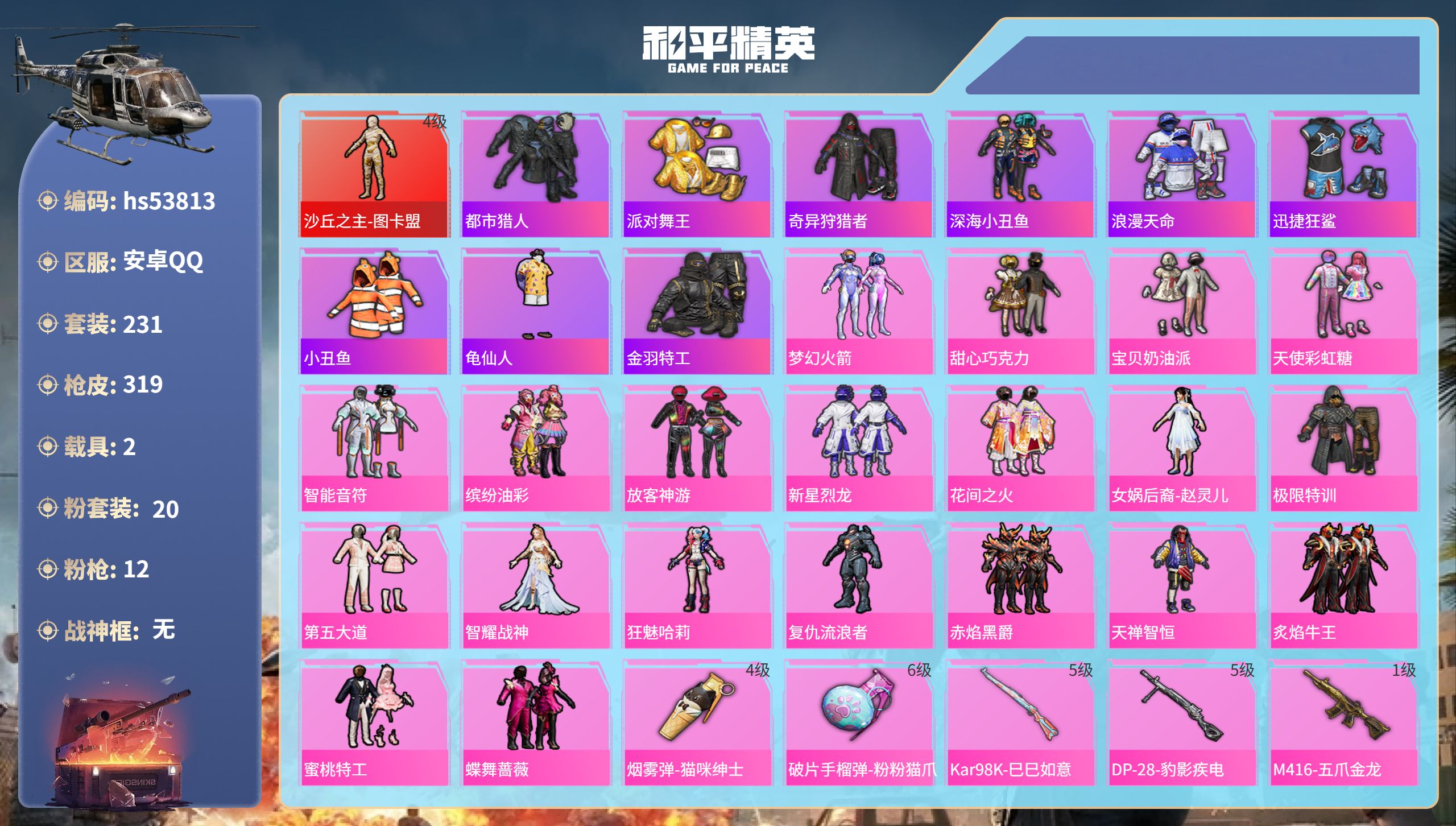 和平精英账号安卓QQhs53813 安卓手Q-16王牌印记-1红装-20粉装-12特效枪-2载具-热力值-231套装-3