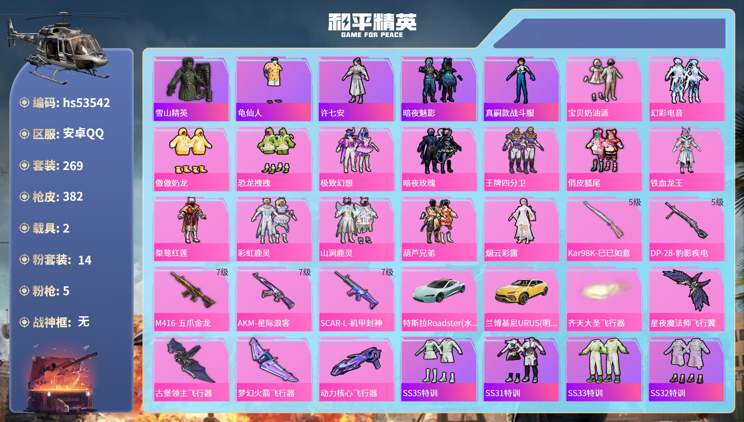和平精英账号安卓QQhs53542 安卓手Q-21王牌印记-14粉装-5特效枪-2载具-热力值-269套装-382枪皮
